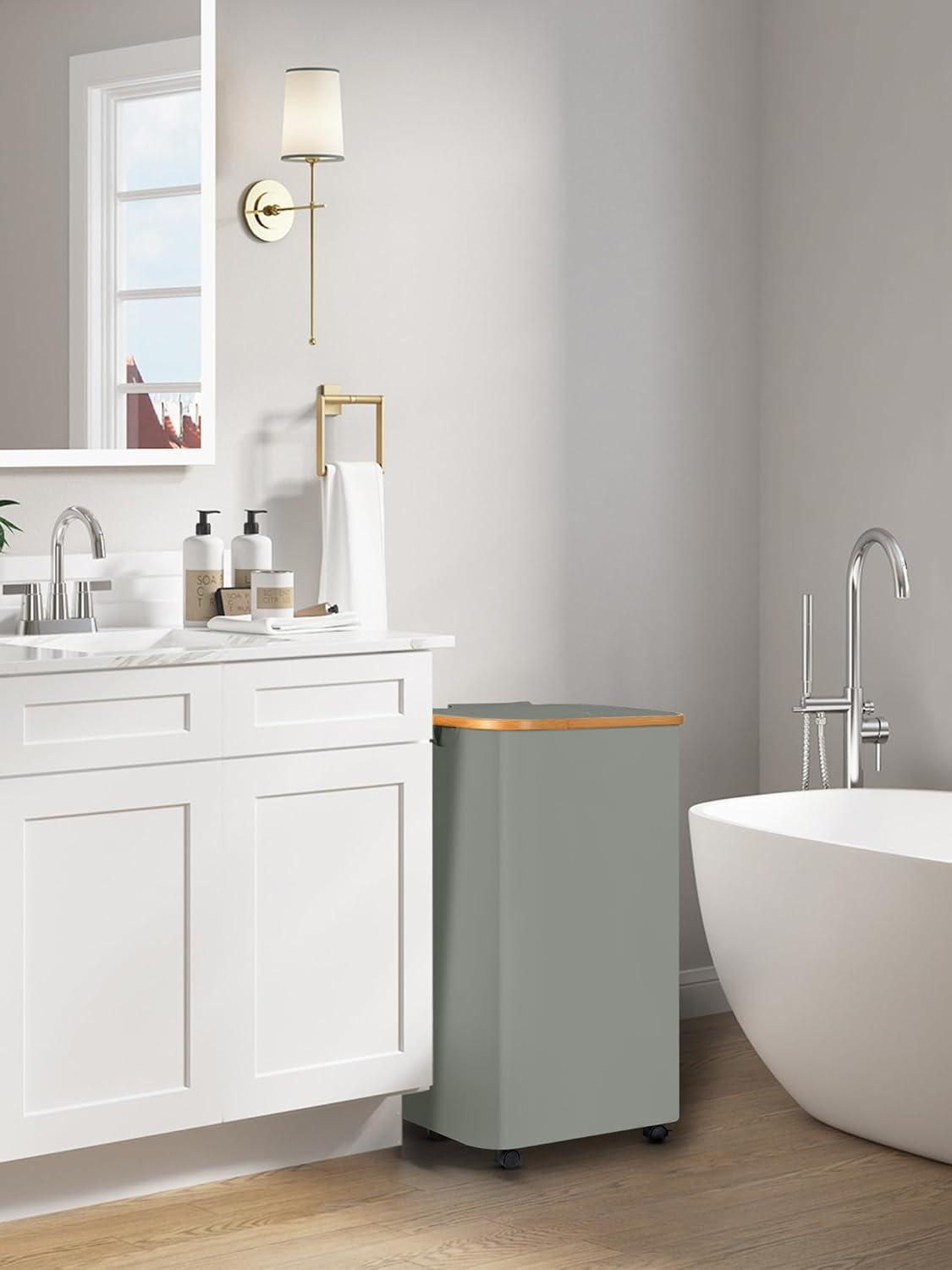 Hokku Designs Laundry Basket On Wheels With Lid And Removable Bag, Grey