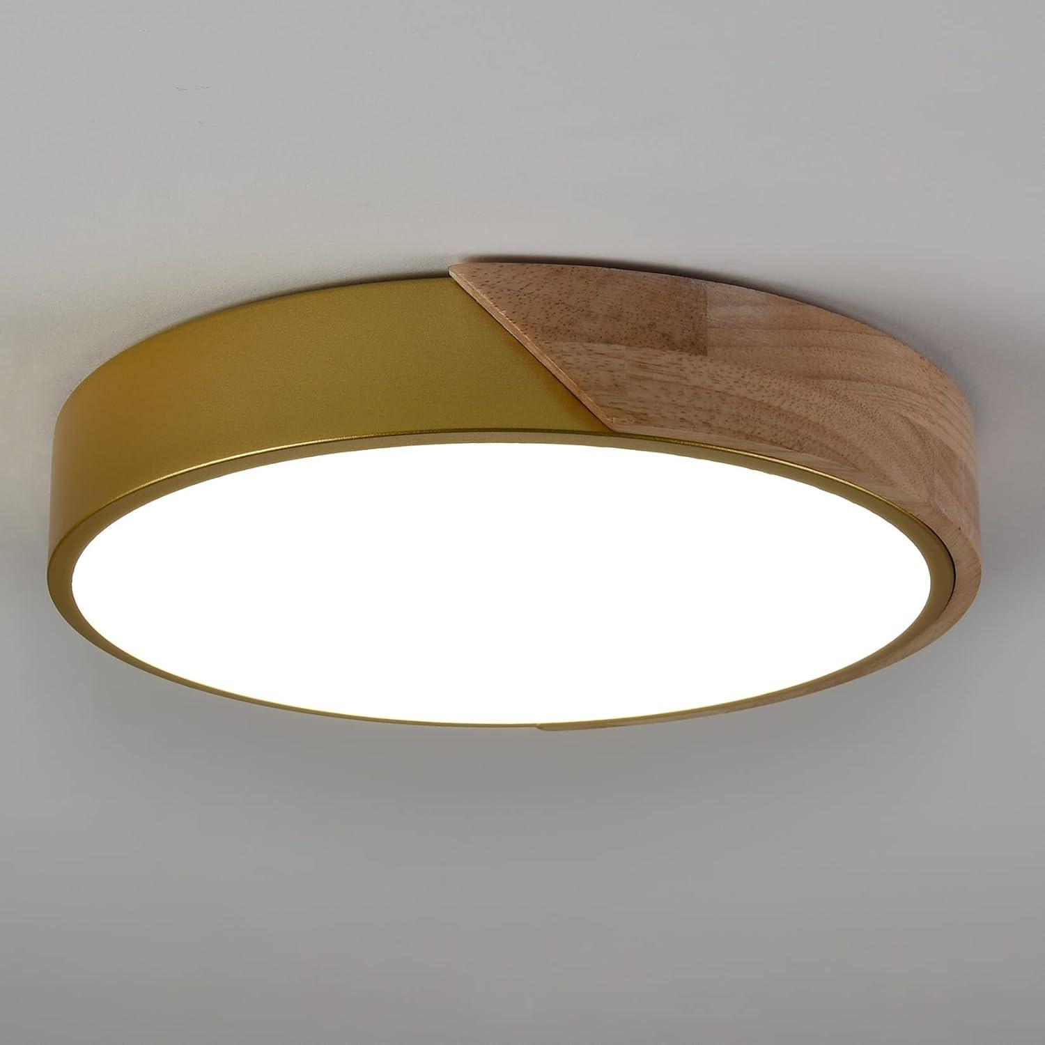 Claxy 12" Gold and Wood LED Flush Mount Ceiling Light 2 Pack