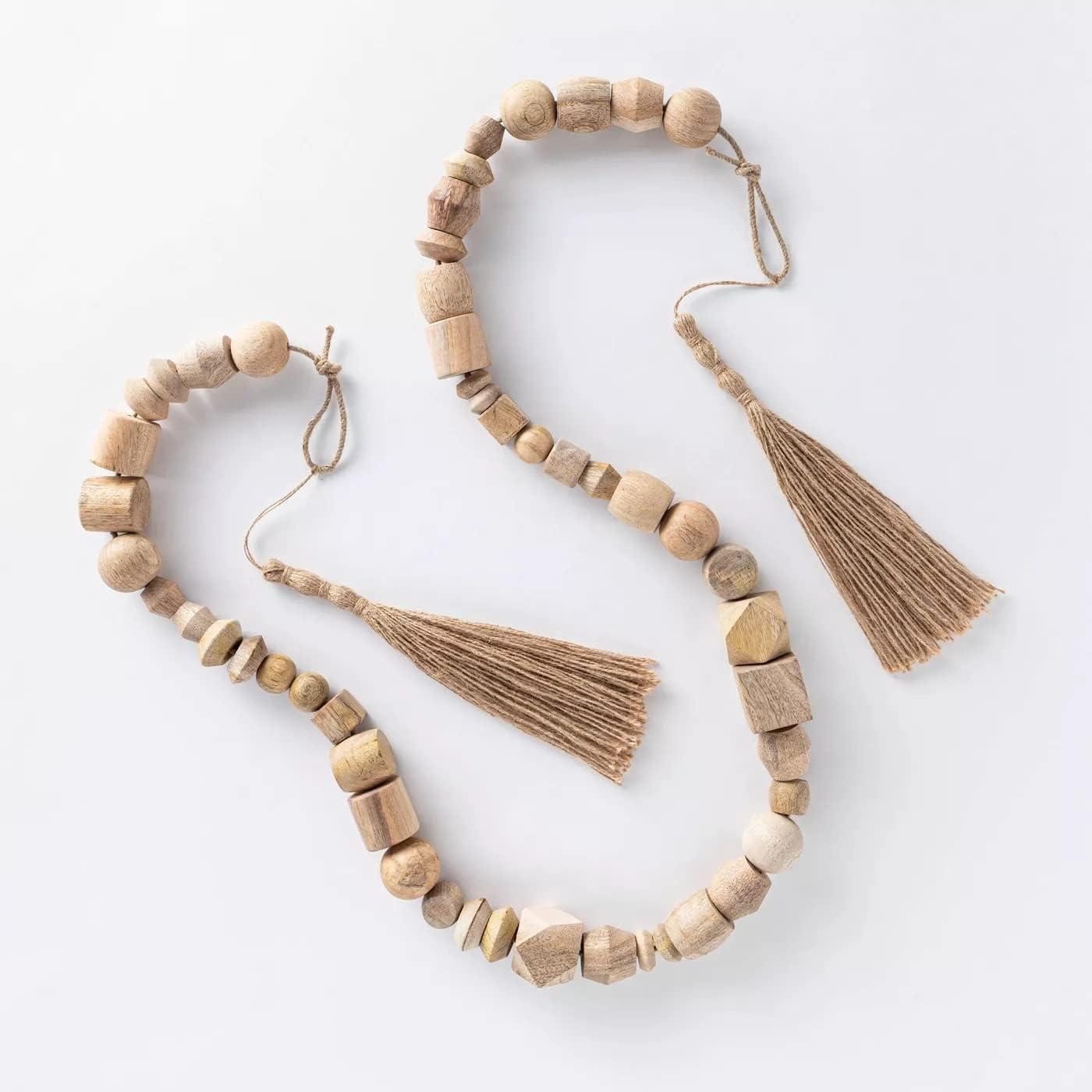 Natural Wooden Bead Garland with Twine Tassels, 96"