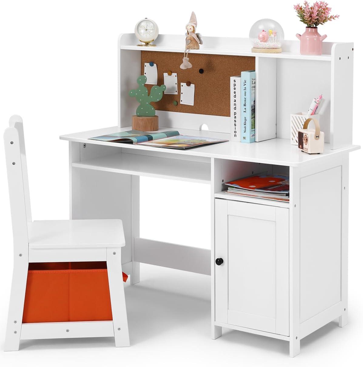 Soonbuy Kids Desk, Wooden Study Desk and Chair Set for Children, Writing Desk with Storage for 3-8 Yrs Boys Girls,White