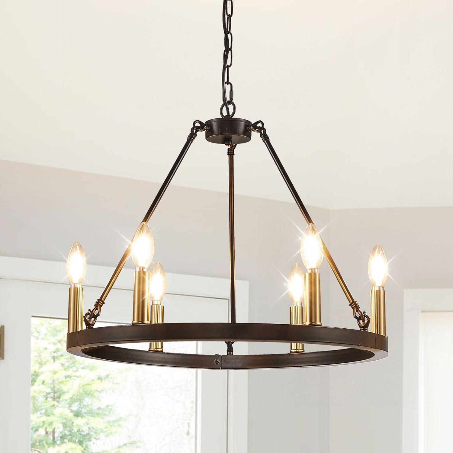 6-Light Black and Gold Chandelier, Farmhouse Wagon Wheel Chandelier, Round Chandeliers for Dining Room, Rustic Kitchen Island Iight Fixtures, Dining Room Light Fixtures Over Table