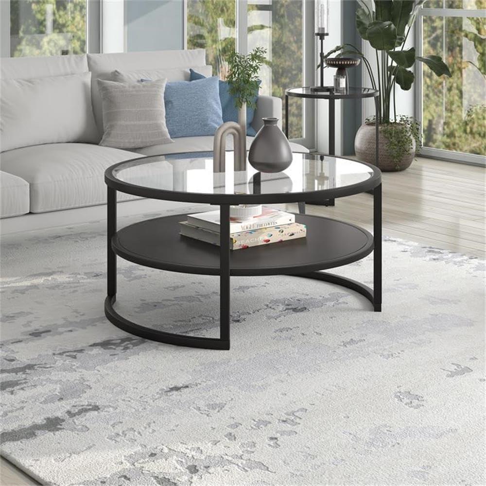 Evelyn&Zoe Winston 34.25" Wide Round Coffee Table with Metal Shelf in Blackened Bronze