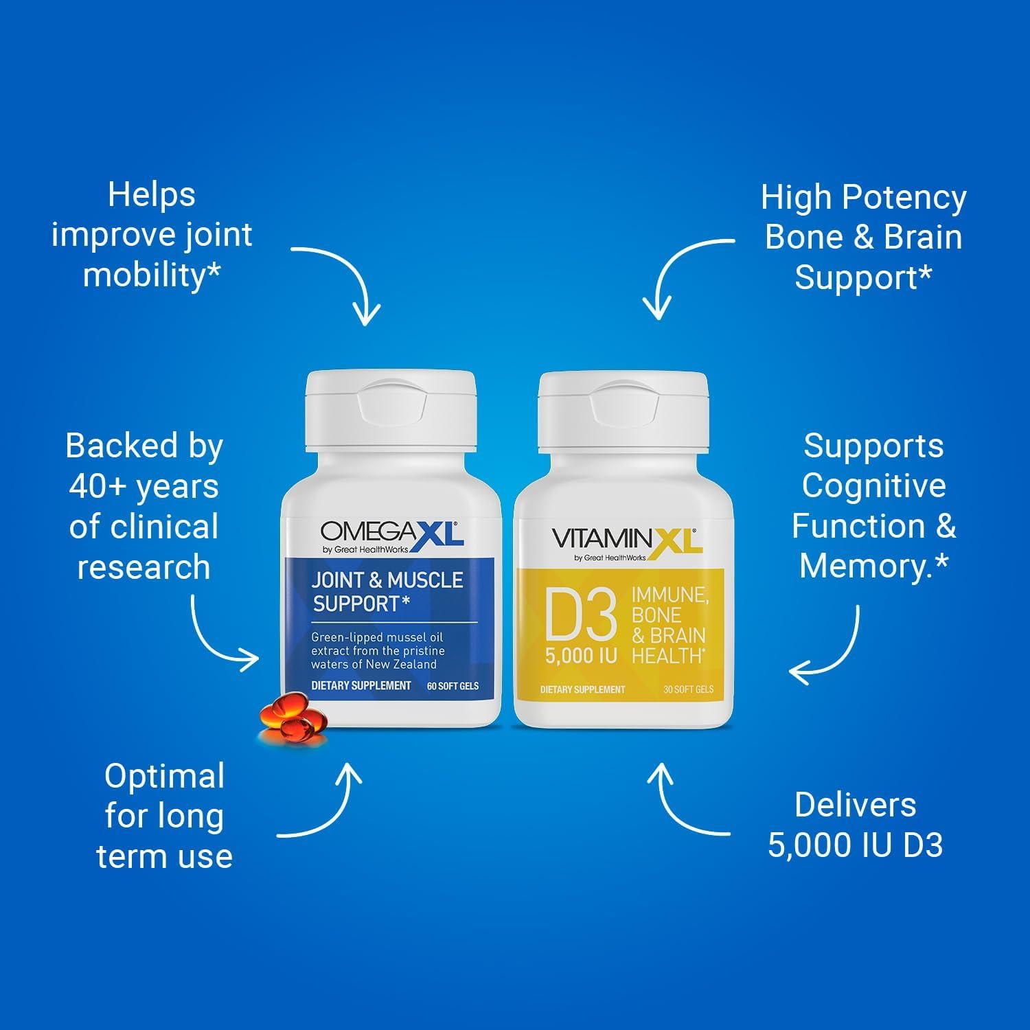 OmegaXL Joint Support Supplement - Natural Muscle Support, 60 Softgels & VitaminXL D3 High Potency Daily Vitamin D 5000 IU 125mcg Immune Support Supplement (30 Softgels)
