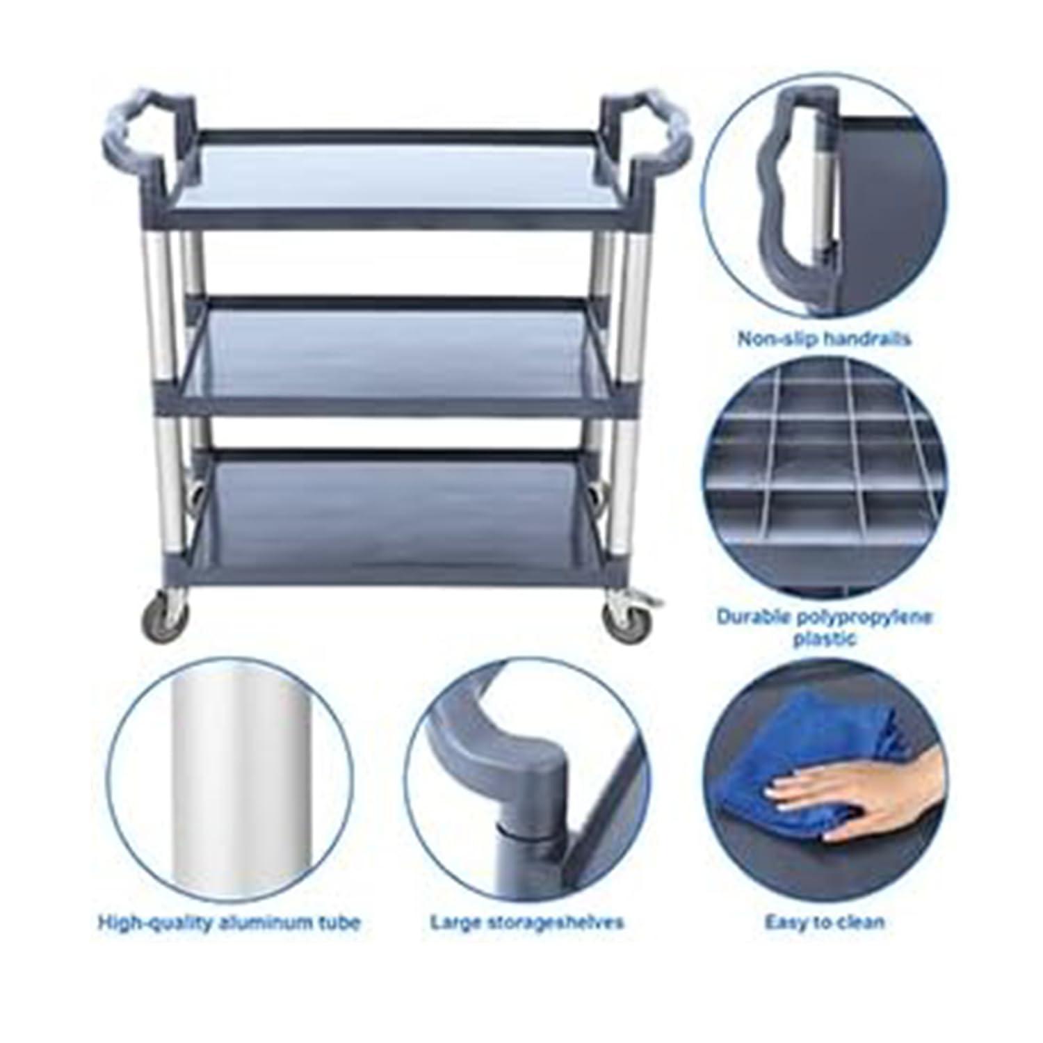 3-Tier Plastic Service Utility Cart With Wheels, Heavy Duty 3-Shelf Rolling Push Cart for Home, Restaurant, Office, Foodservice, Kitchen, Hotel, Commercial, Party - Grey