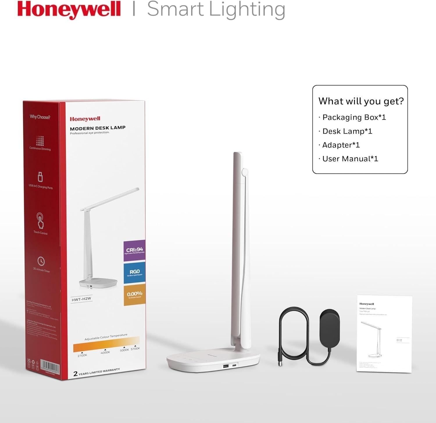 Honeywell LED Desk Lamp Dimmable Desk Light with USB A+C Dual Charging Port Eye-Caring Foldable Table Lamp with 4 Color Modes for Home Office Bedroom Reading Study Work HWT-H2W White