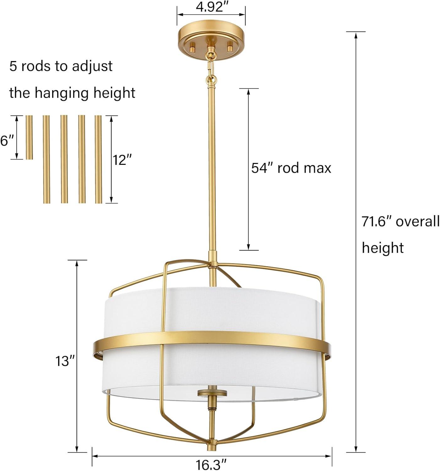 Modern Gold Chandelier Light 3-Light Drum Shade Pendant Light Fixture for Dining Room