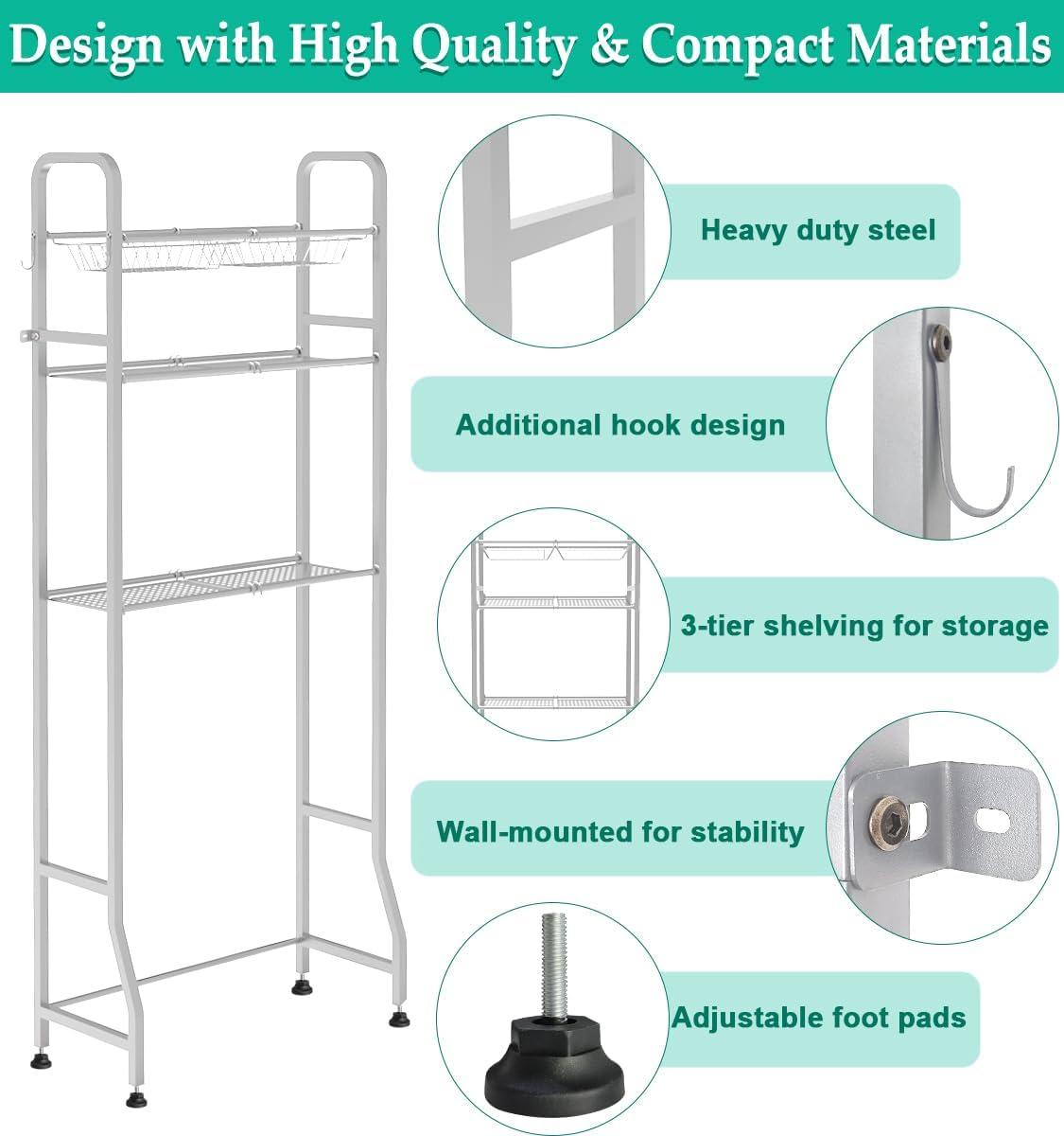 Over The Toilet Storage Shelf For Bathroom, 3-Tier Above Toilet Rack Bathroom Organizer With Adjustable Shelves And Hanging Hooks, Easy To Assemble & Space Saving, White