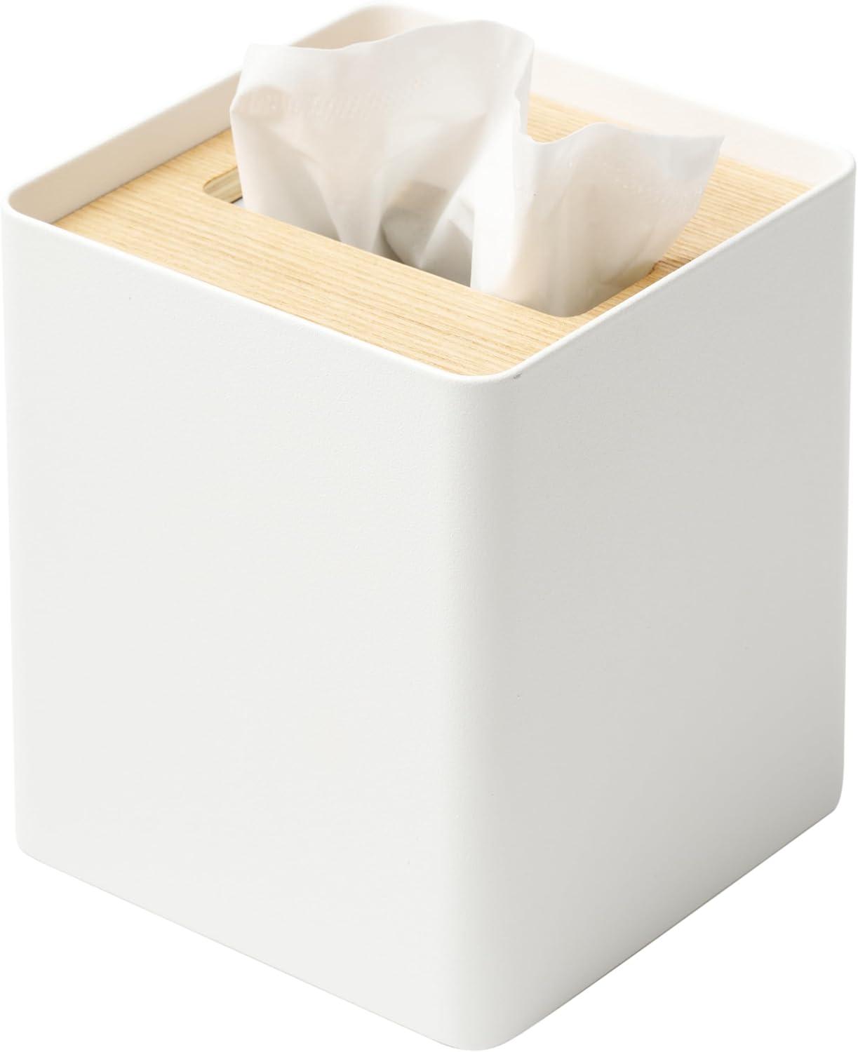 Yamazaki Home Yamazaki Home Square Reusable Tissue Box Cover Metal Container Case With Natural Wooden Lid,, Steel