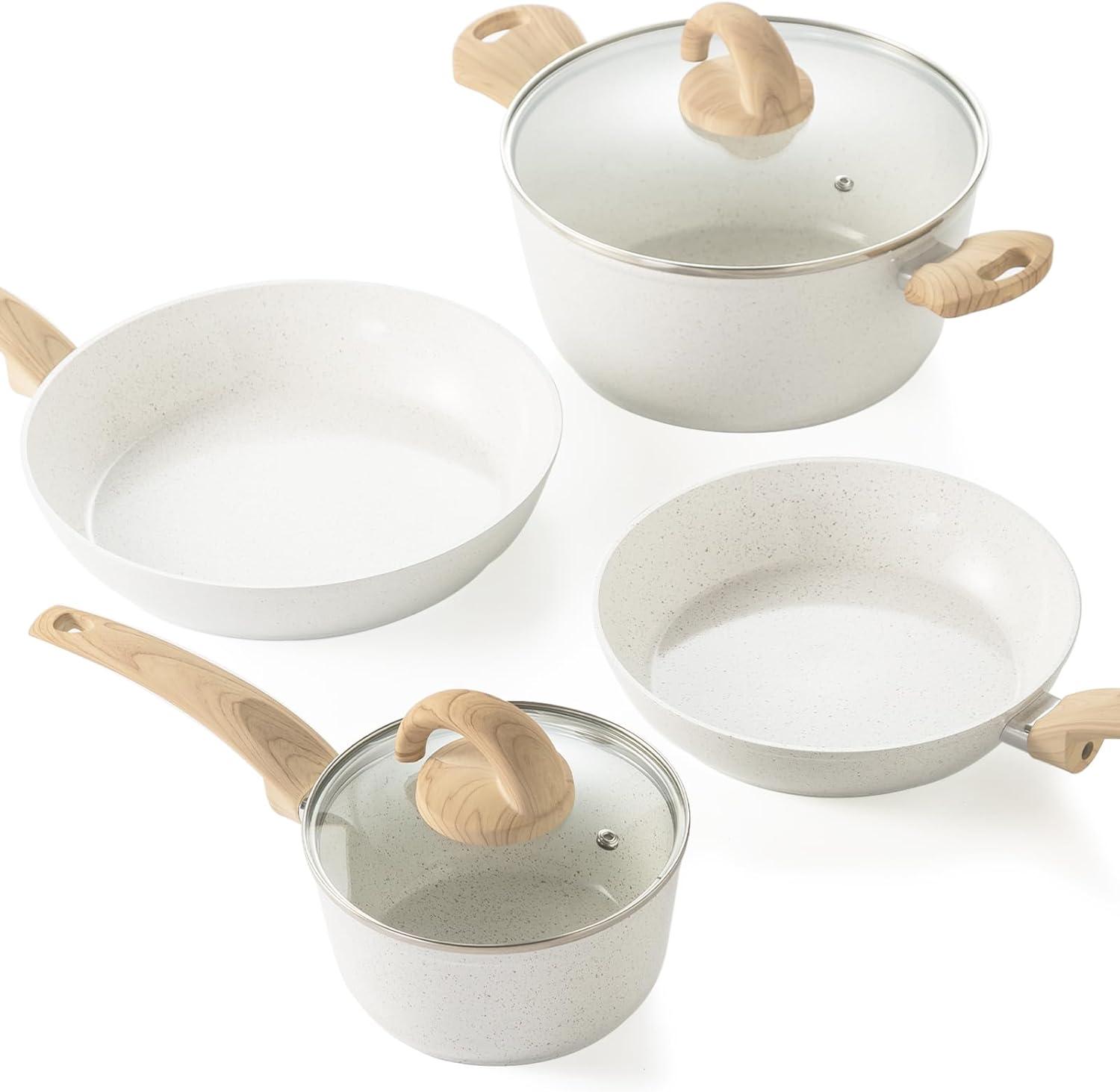 White Ceramic Non-Stick Cookware Set with Wood Handles