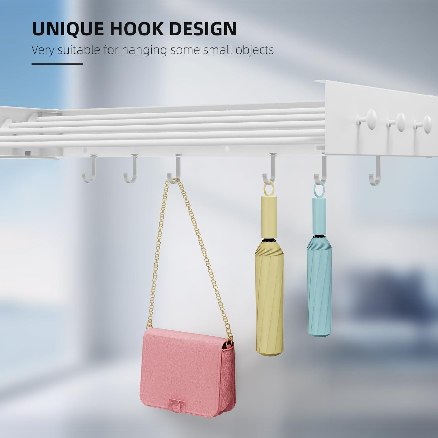 【Upgrade】 Laundry Drying Rack, 31.5" Drying Rack Clothing Wall Mounted,Foldable, 5 Aluminum Rods with 6 Hooks, Space-Saving White Collapsible Drying Racks Hanger for Laundry Bathroom