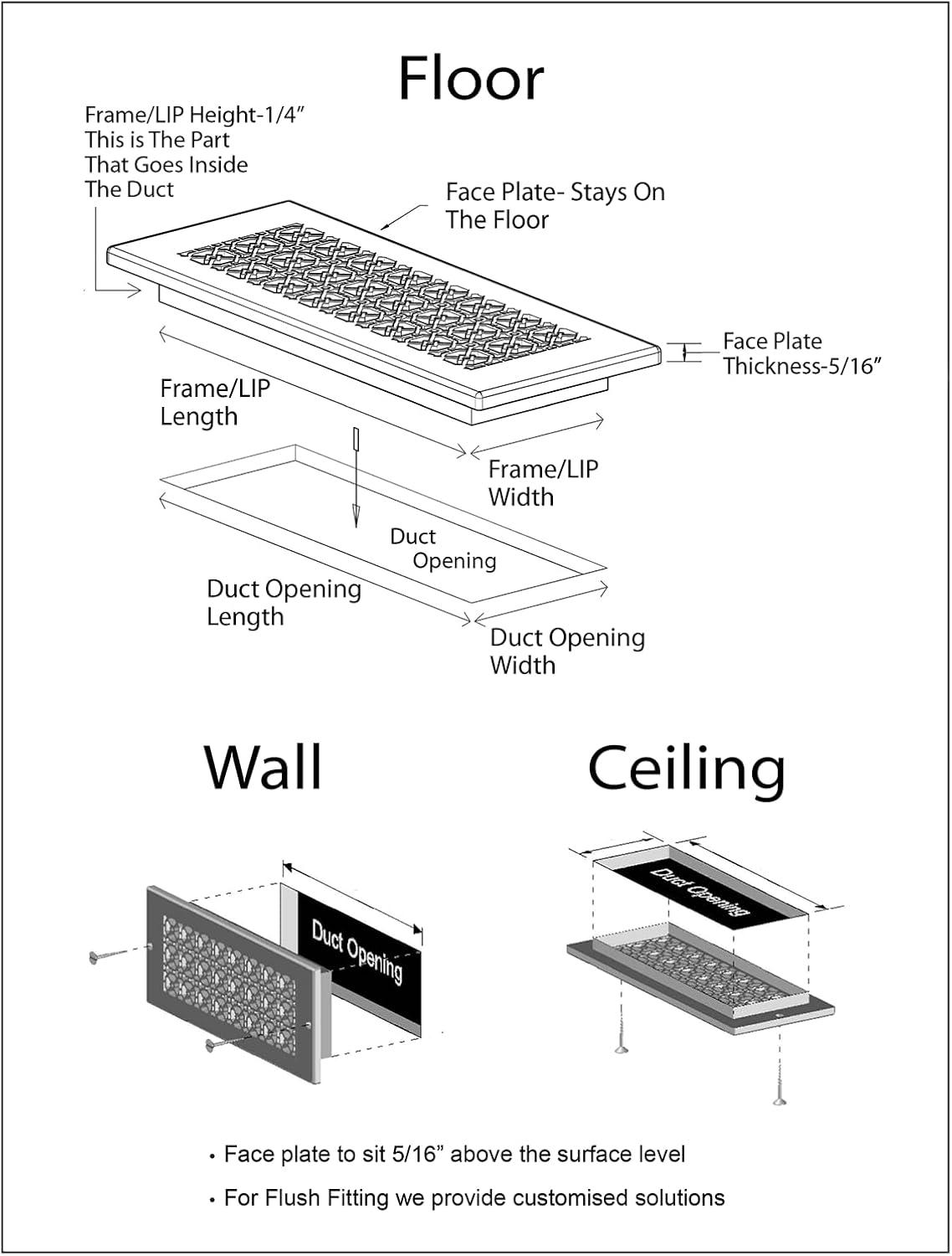 Achtek 6"x 24" Duct Opening Solid Cast Aluminum Air Return Grill Vent Cover | Powder Coated| (Overall 8"x 26") for Floor-Black Without Screw Holes