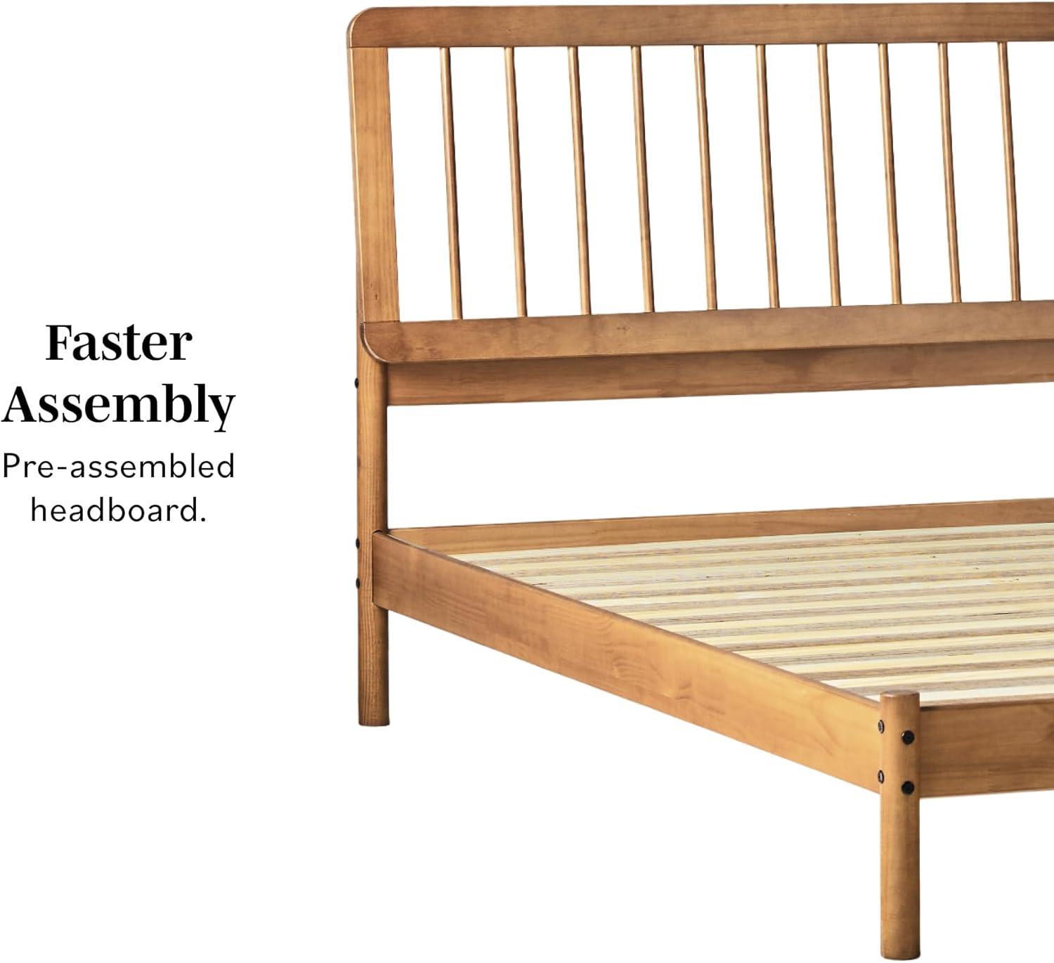 Walker Edison Mid-Century Modern Slatted Solid Wood Queen Bedframe, Natural Pine