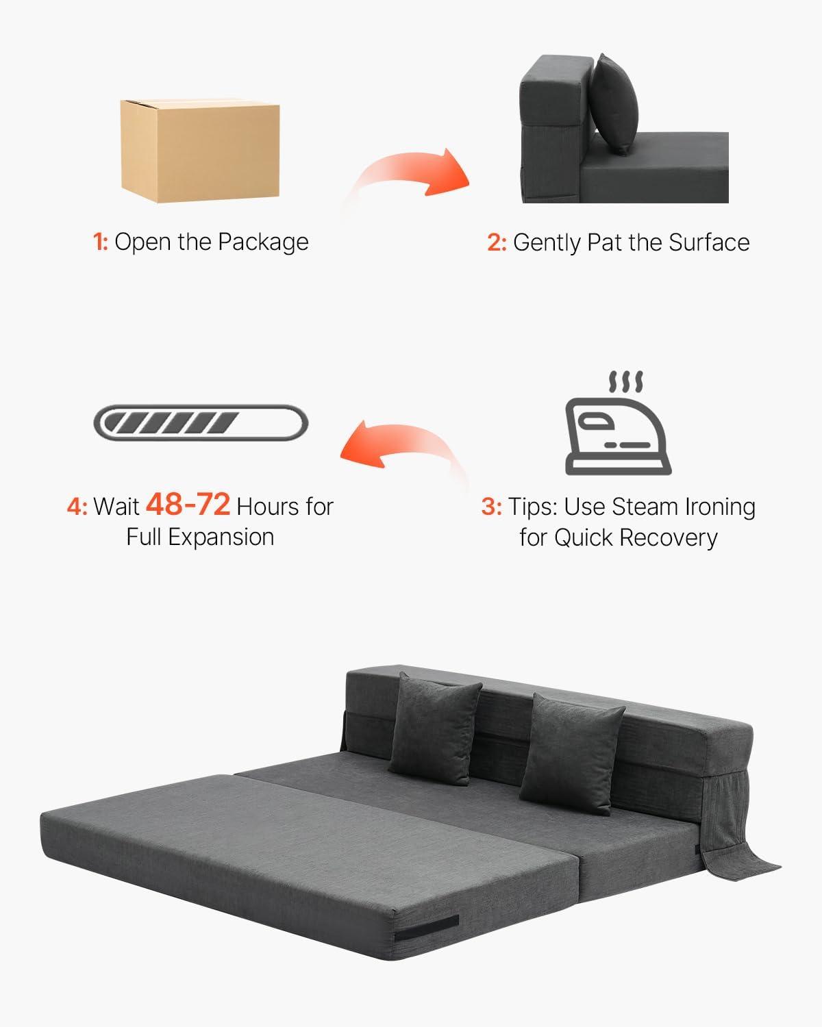 VEVOR Folding Sofa Bed, 3-in-1 Foldable Couch Bed with 2 Pillows and Washable Cover, 25D High Density Memory Foam Sleeper Chair Bed, Dark Grey(Queen)