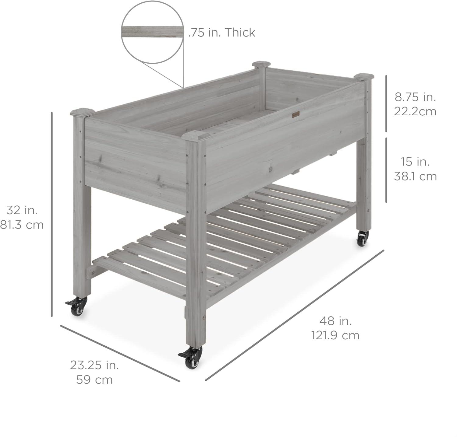 Gray Wooden Mobile Elevated Garden Bed with Shelf and Wheels