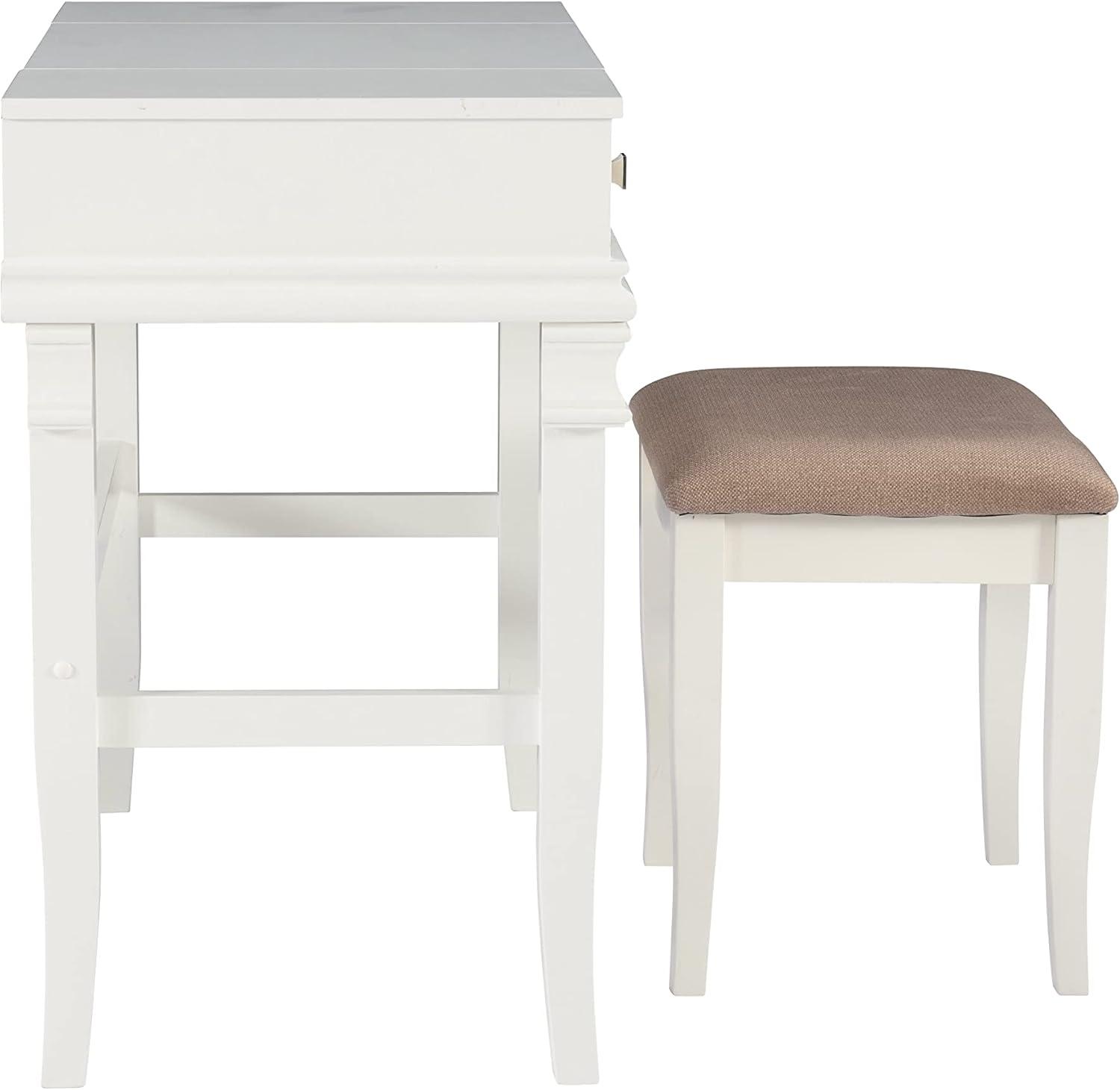 Linon Angela Wood Vanity & Padded Beige Stool 2 Drawers Flip Up Mirror in White