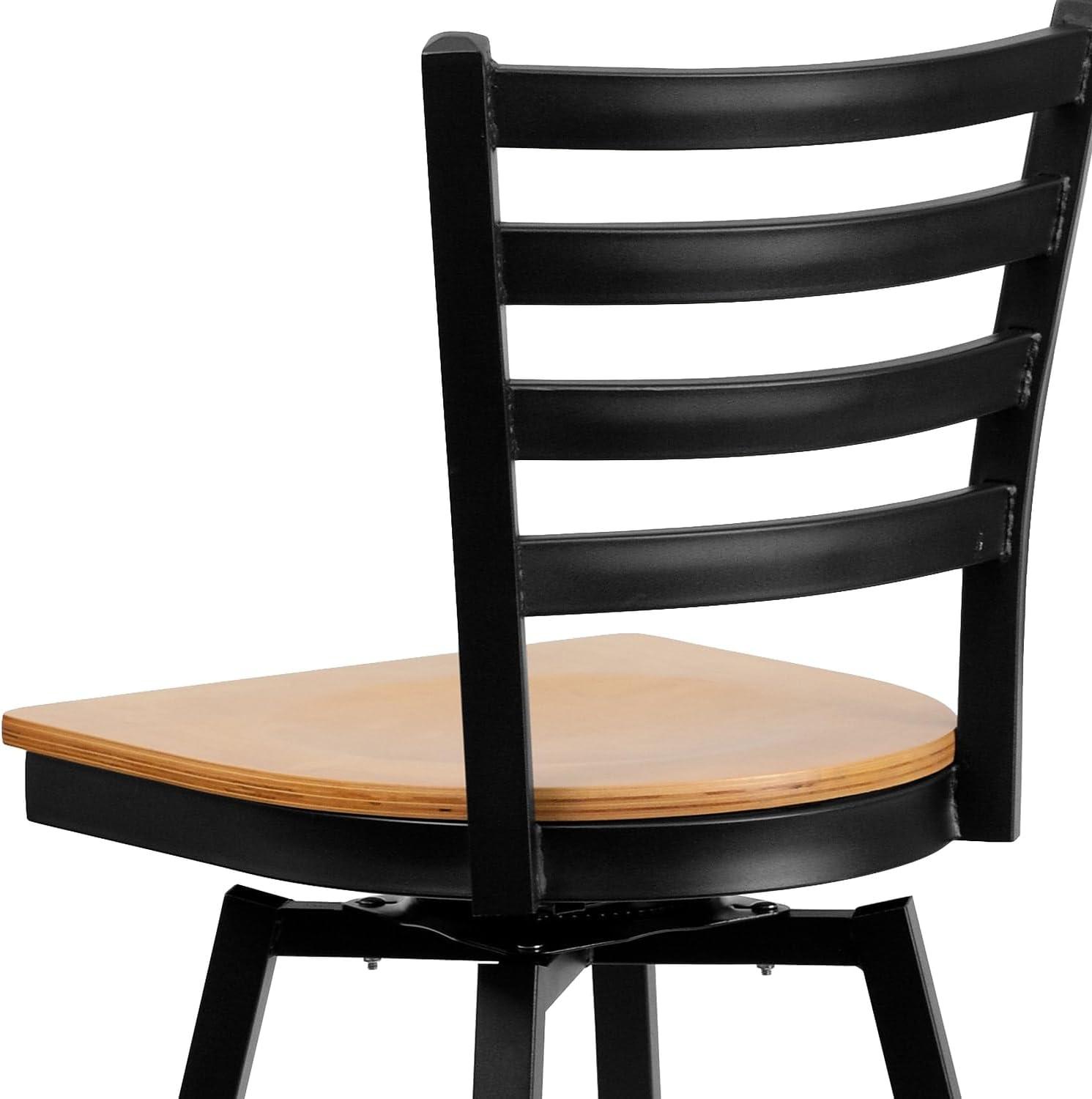 Flash Furniture HERCULES Series Black Ladder Back Swivel Metal Barstool - Natural Wood Seat