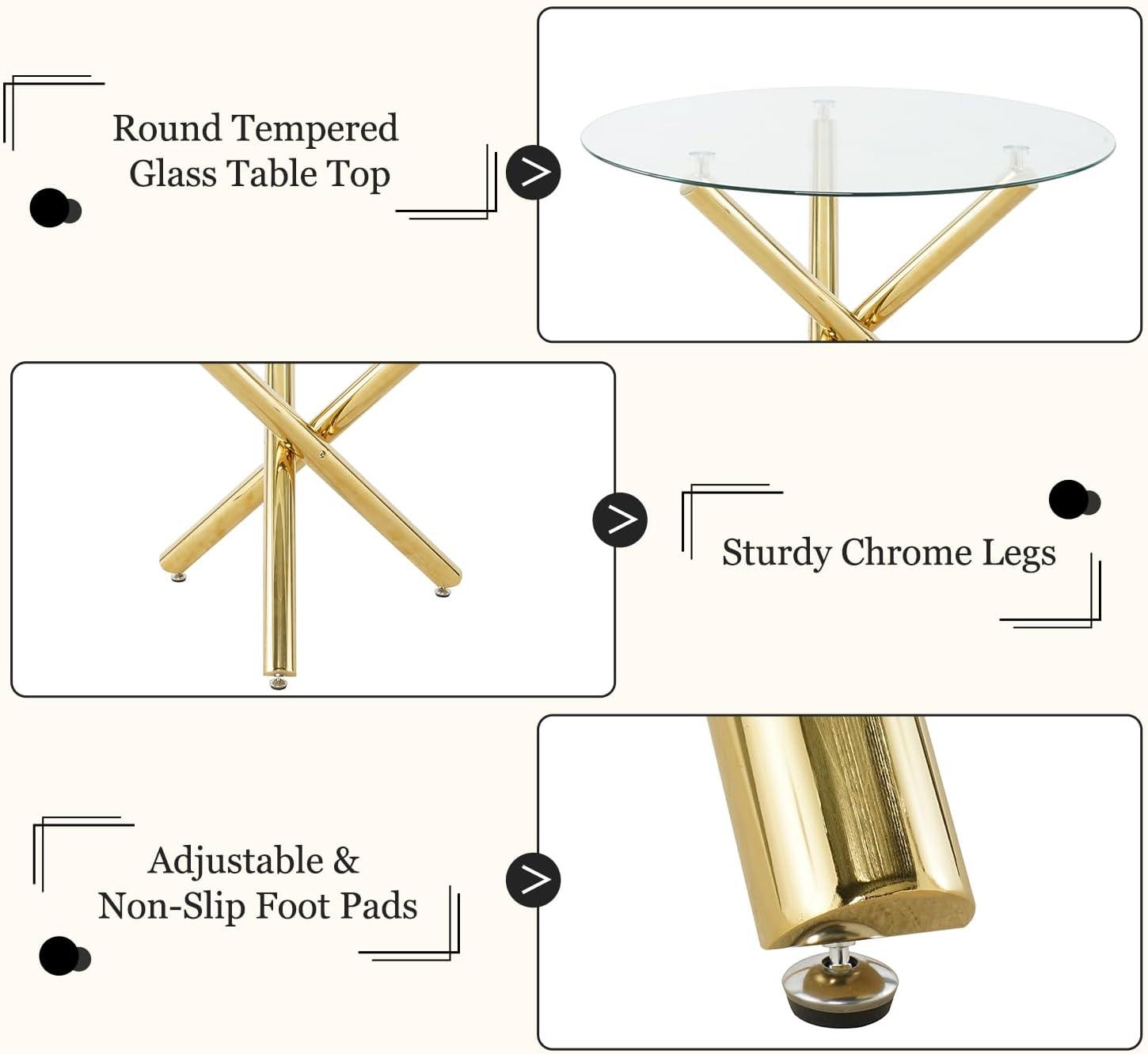 Modern White PU Leather Dining Set with Gold Base and Glass Top