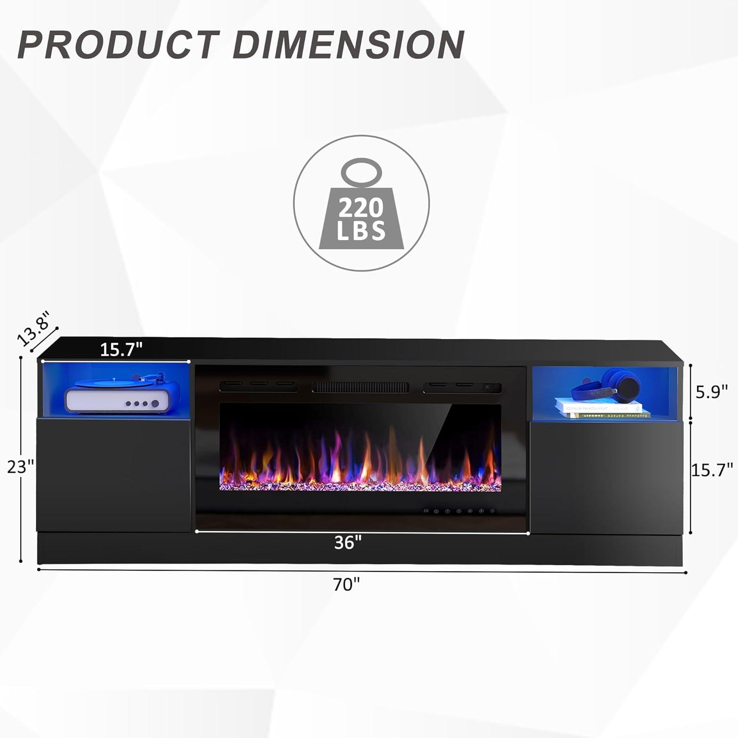 Hohenstein 70'' Fireplace Media Console, LED TV Stand for TVs Up to 80" with 36" Electric Fireplace