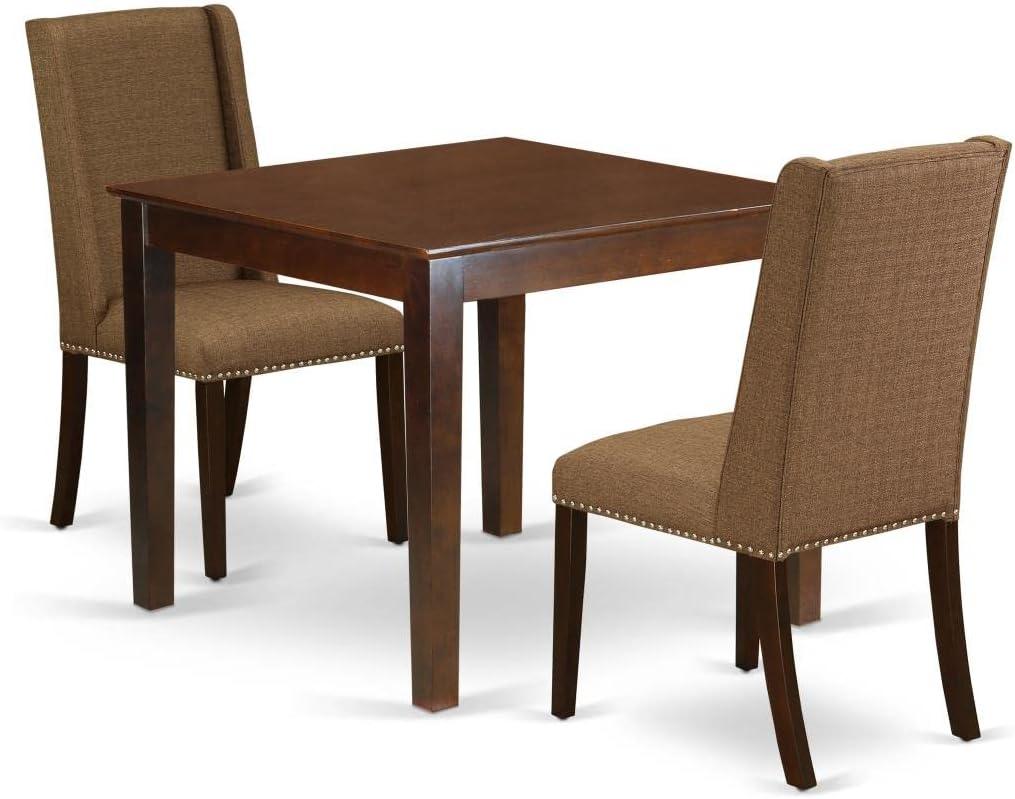 Mahogany 36'' Square Dining Table with Brown Linen Chairs