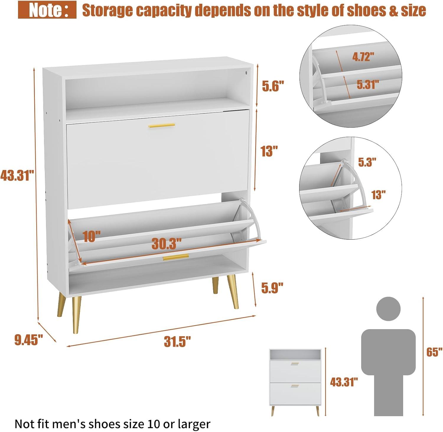 Shoe Cabinet Storage for Entryway  Freestanding Slim Shoe Organizer Cabinet with 2 Flip Drawers  Narrow Shoe Rack with Open Shelves for Hallway  Living Room  White