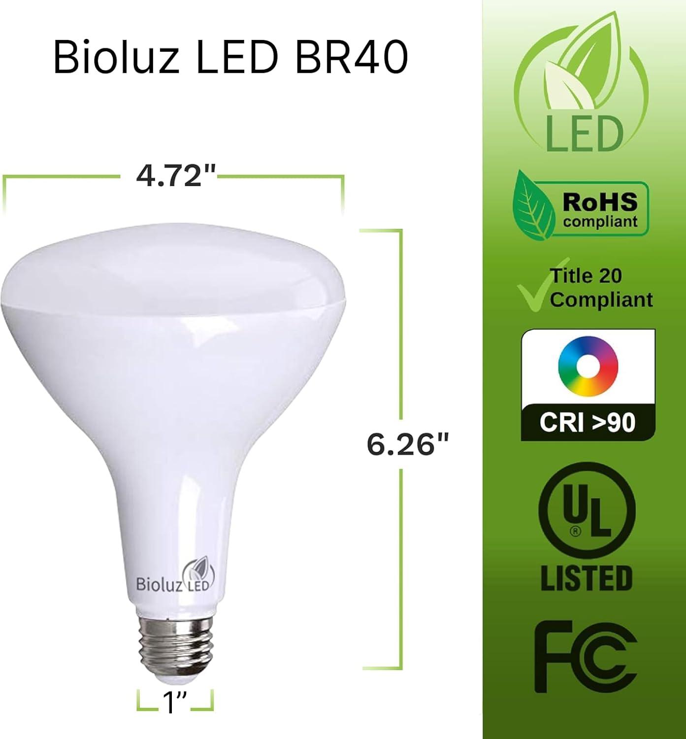 BR40 LED Bulb by Bioluz LED 3000K (Soft White) Dimmable Floodlight, 110° Beam Angle, Medium Base (E26), Dimmable, UL-Listed