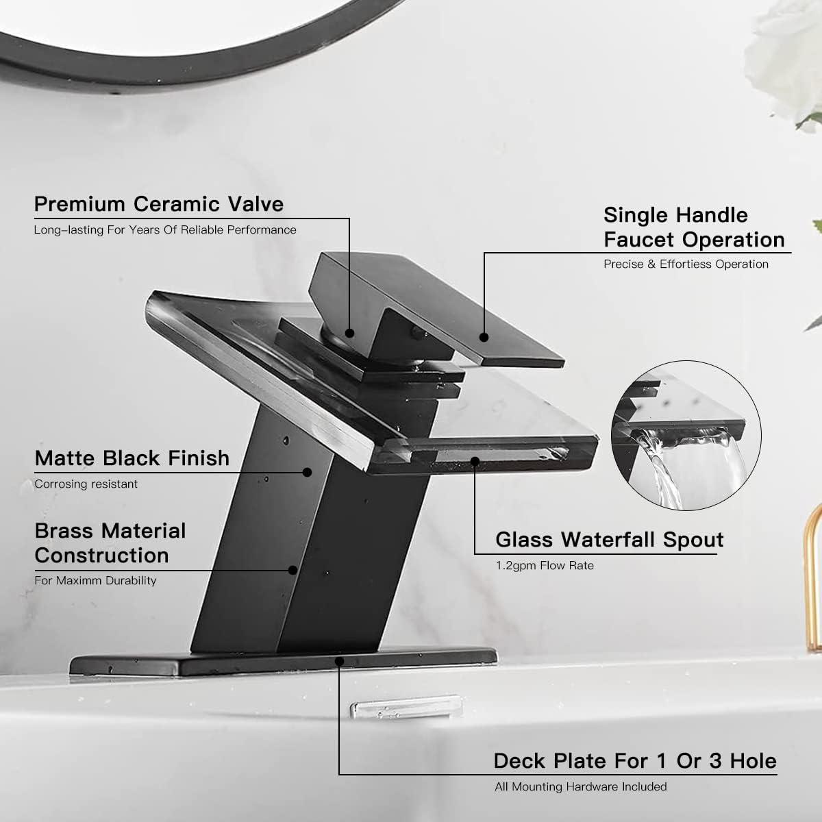 Matte Black Bathroom Faucet with Glass Waterfall Design, Single Handle for Sink, Modern Vanity Faucets with Supply Lines, Lavatory Basin Bath Mixer Tap, Deck Mounted