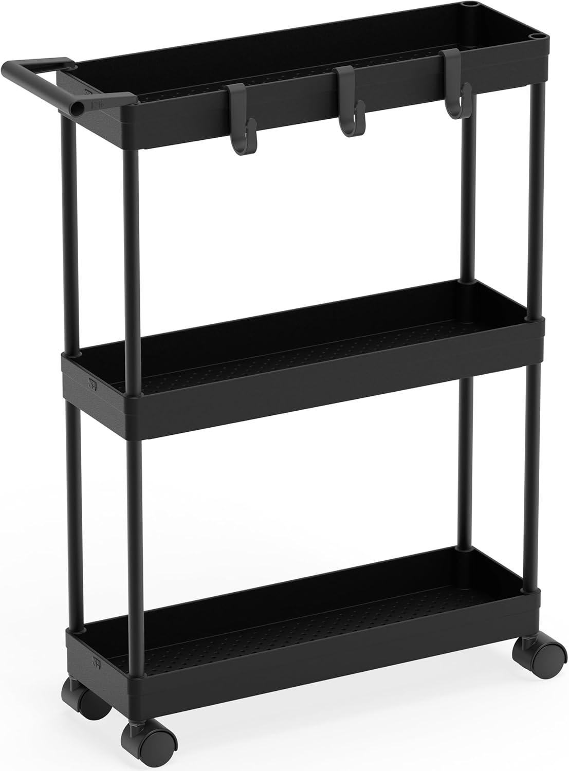 Black Slim 3-Tier Kitchen Cart with Hooks and Handle