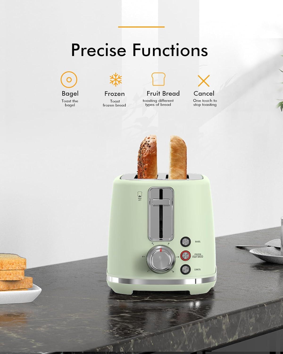 LONGDEEM 2 Slice Toaster, 6 Settings, Extra Wide Slots, High Lift, Auto Shutoff, Pastel Green, New