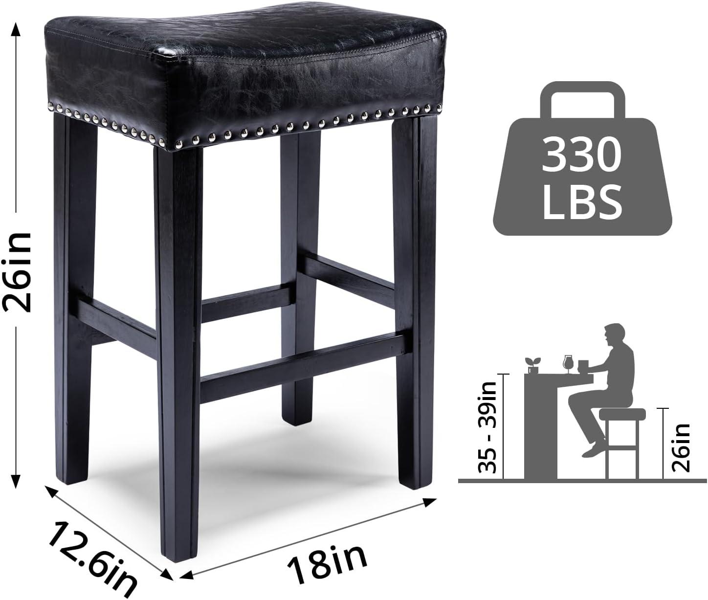 Lecut 26 Inch Wood Saddle Seat Barstool Set of 2 PU Leather Kitchen Counter Stools Nailhead Wood Pub-Height Saddle Stool Black