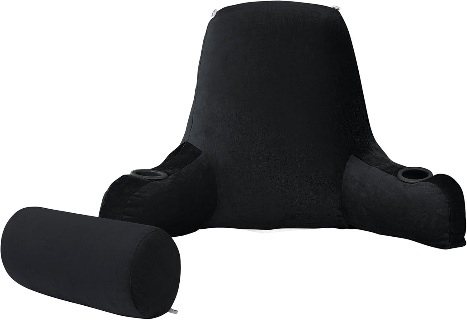 Extra Large Black Velvet Reading Pillow with Cup Holders