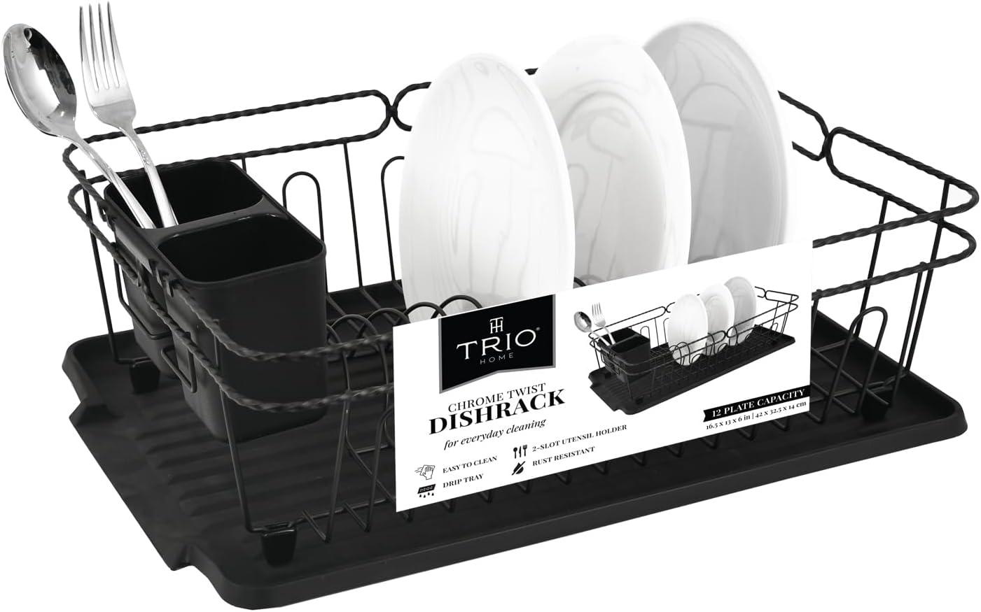 Trio Home Stainless Twist Design 3-Piece Dish Drying Drainer Rack, Removable Utensil Holder and Drainboard - Black/Black Twist