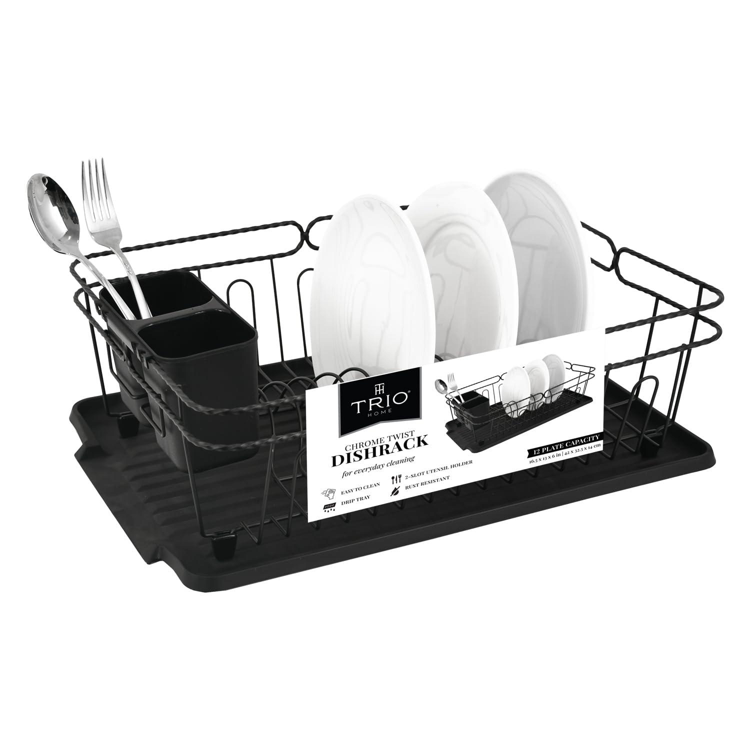Trio Home Stainless Twist Design 3-Piece Dish Drying Drainer Rack, Removable Utensil Holder and Drainboard - Black/Black Twist