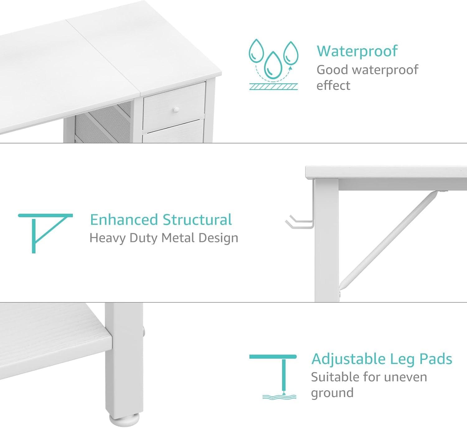 White Computer Desk with Drawers & Storage Shelves, 47 Inch Study Work Writing Desk for Home Office Bedroom, Simple Modern Cute PC Desks Table, White