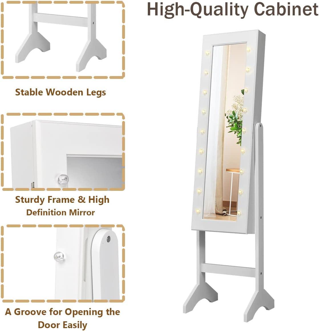 QuellQuest Standing Jewelry Armoire with 18 LED Lights Around the Door, Large Storage Mirrored Jewelry Cabinet with Full Length Mirror, 16 Lipstick Holders, 1 Inside Makeup Mirror (White)