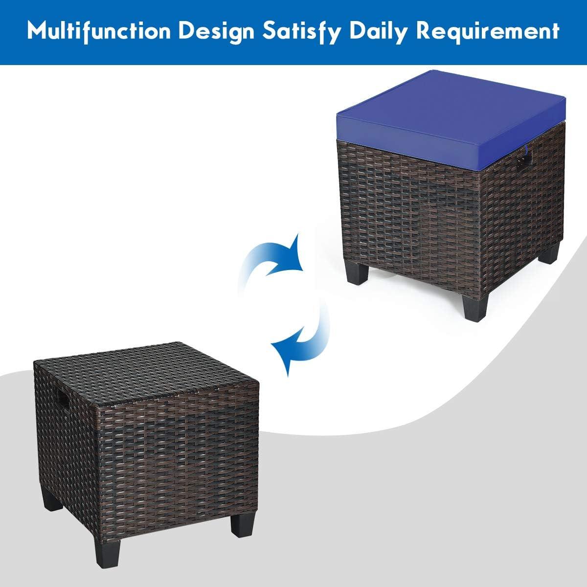 Navy Cushioned Rattan Wicker Outdoor Ottomans, Set of 2