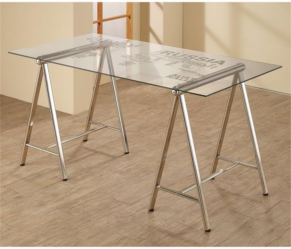 Patton Glass Top Sawhorse Writing Desk with World Map Nickel - Coaster: Steel Frame, Tempered Surface