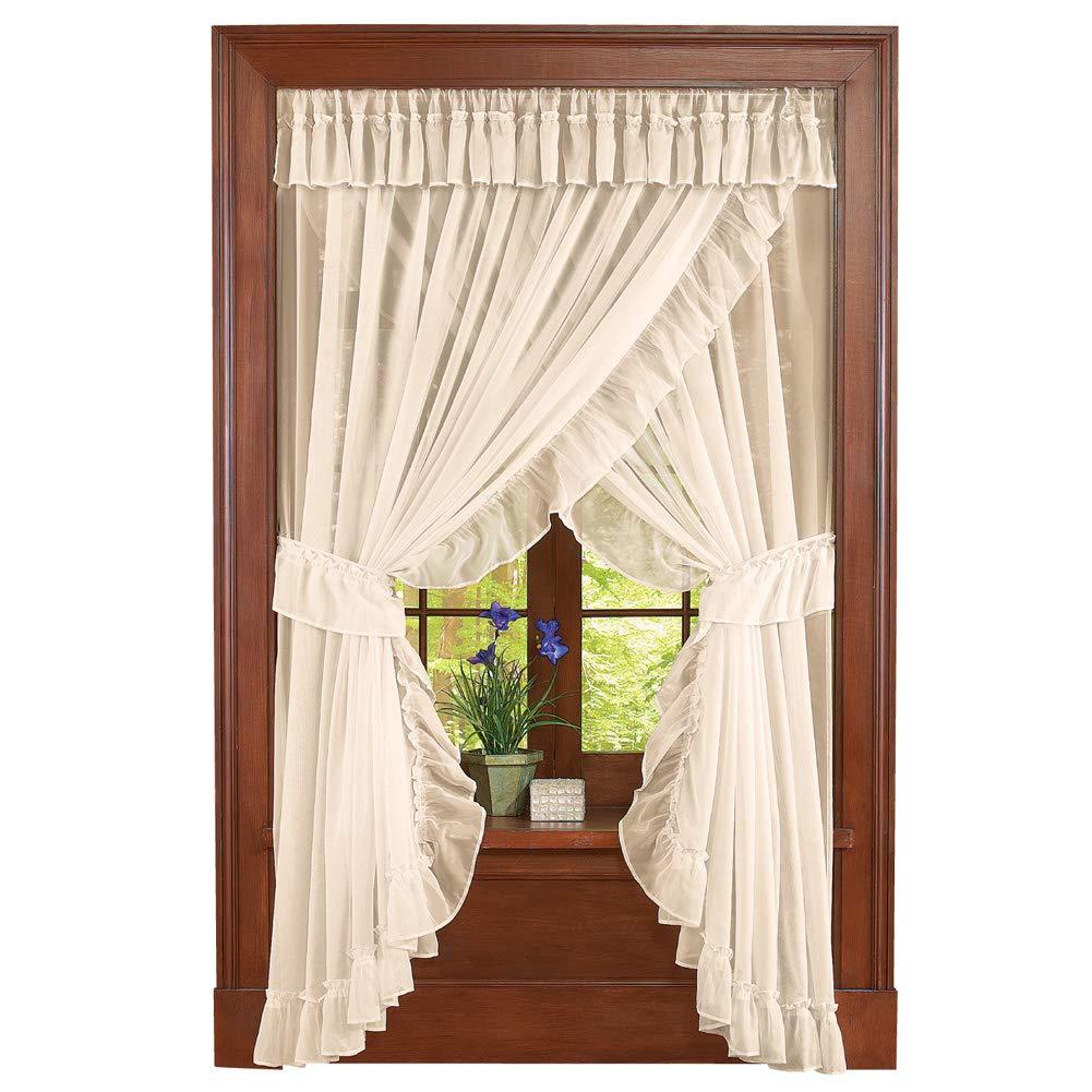Collections Etc Isabella Ruffled Sheer Fabric Rod Pocket Window Curtain Set, Cream