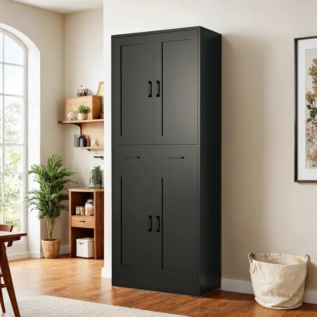 Black Tall Freestanding Kitchen Pantry Cabinet with Doors and Drawer