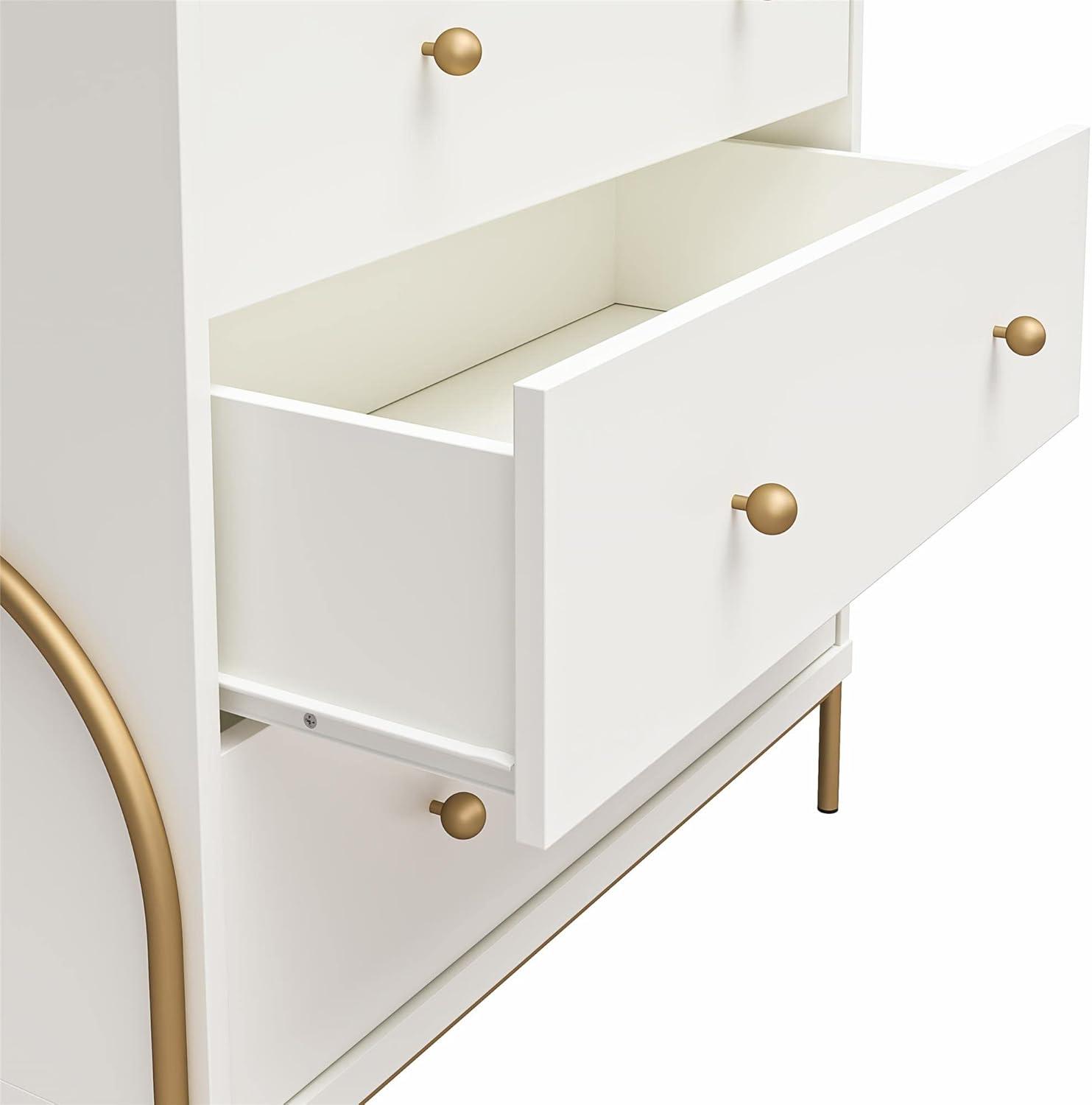 Anastasia Creamy White 5-Drawer Dresser with Brassy Gold Accents