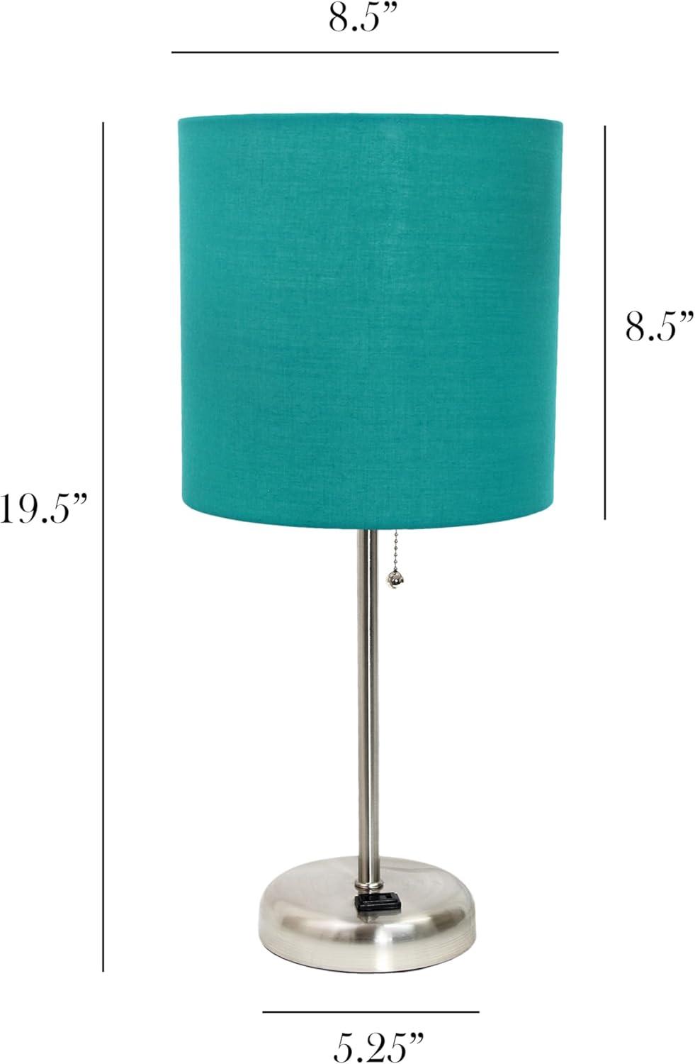 Teal Fabric Shade Brushed Steel Stick Table Lamp Set with Charging Outlet