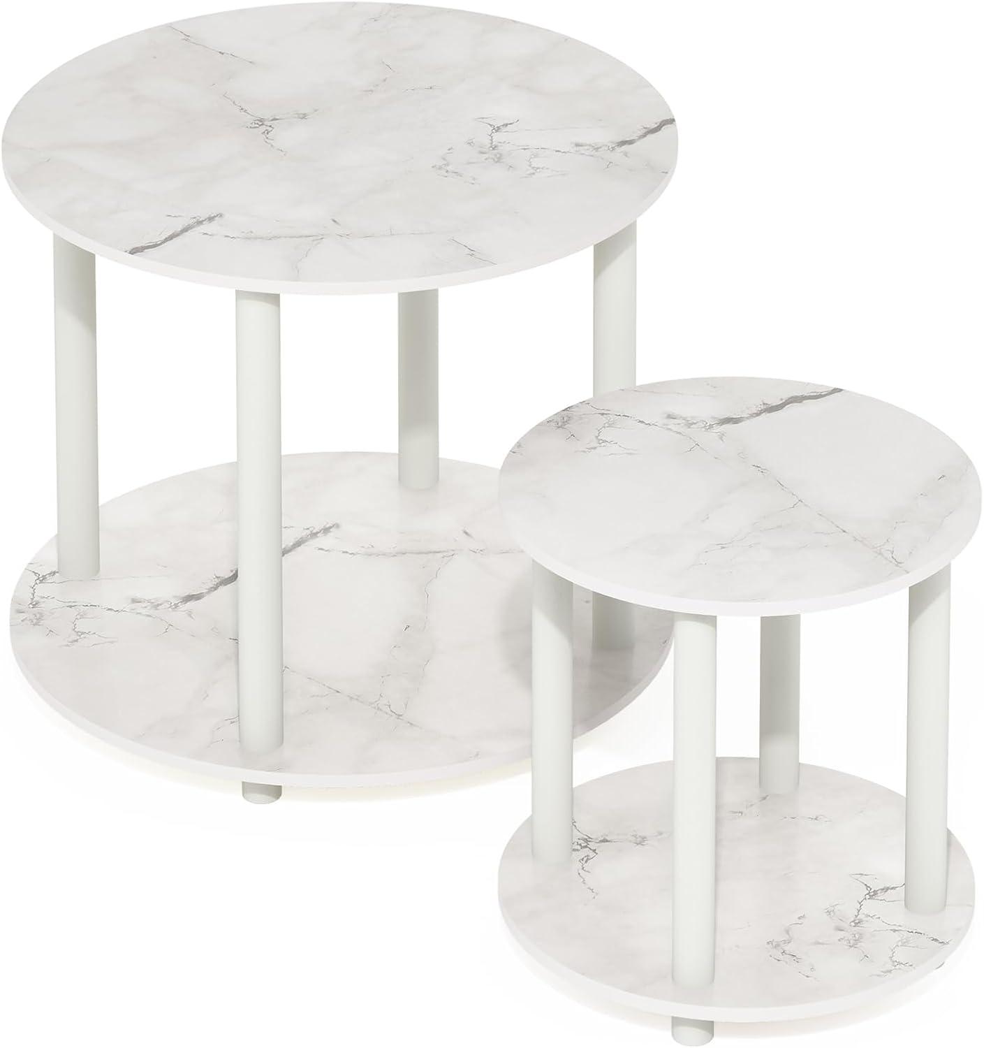 Furinno Turn-N-Tube 2-Tier Round Wooden End Table, Marble White