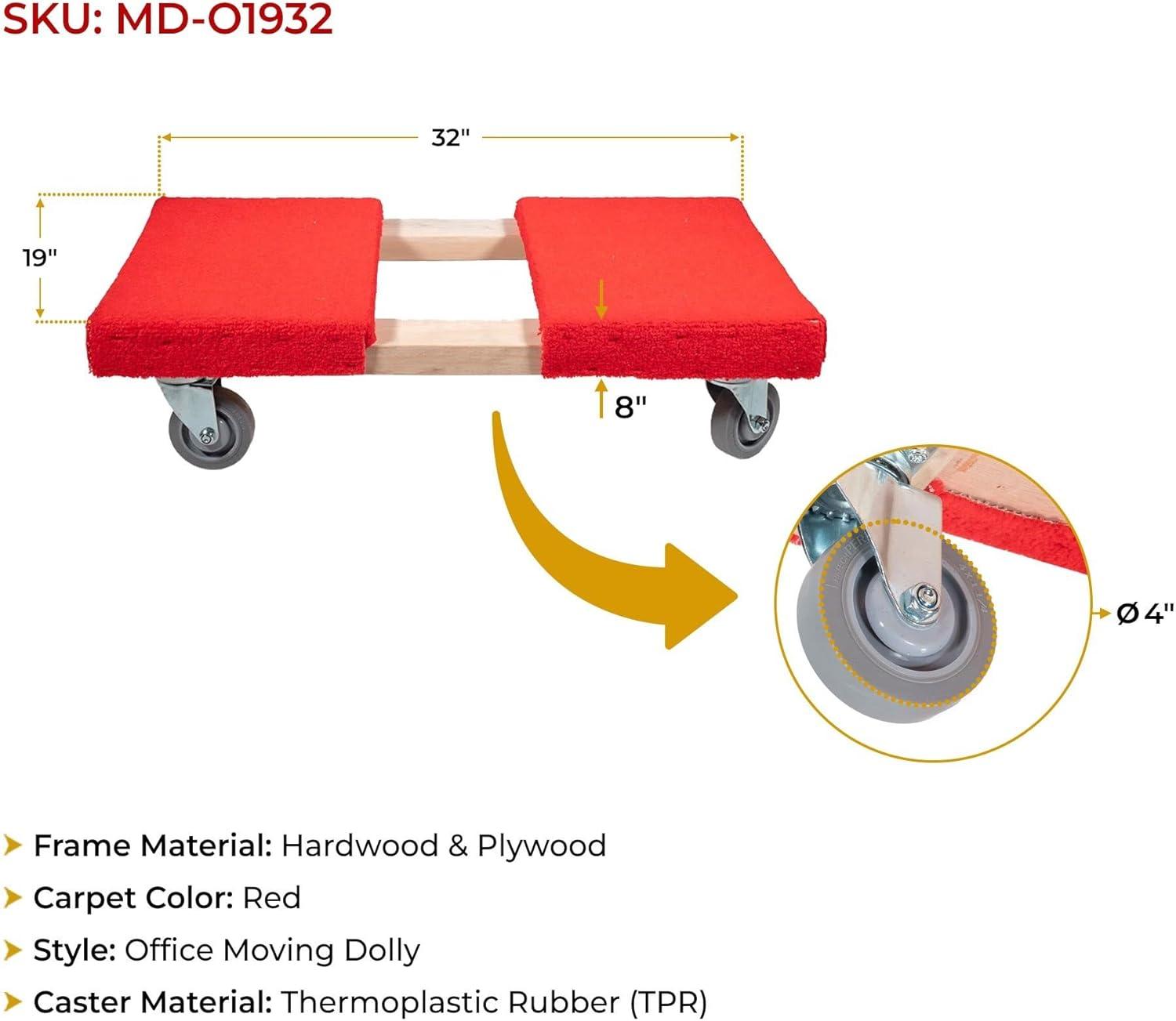 19" x 32" Carpeted Furniture Dolly 4 Wheels 1000 lbs. - Hardwood and Plywood Piano Moving Office Dolly with 3.5" x 4" Swivel Casters Mover