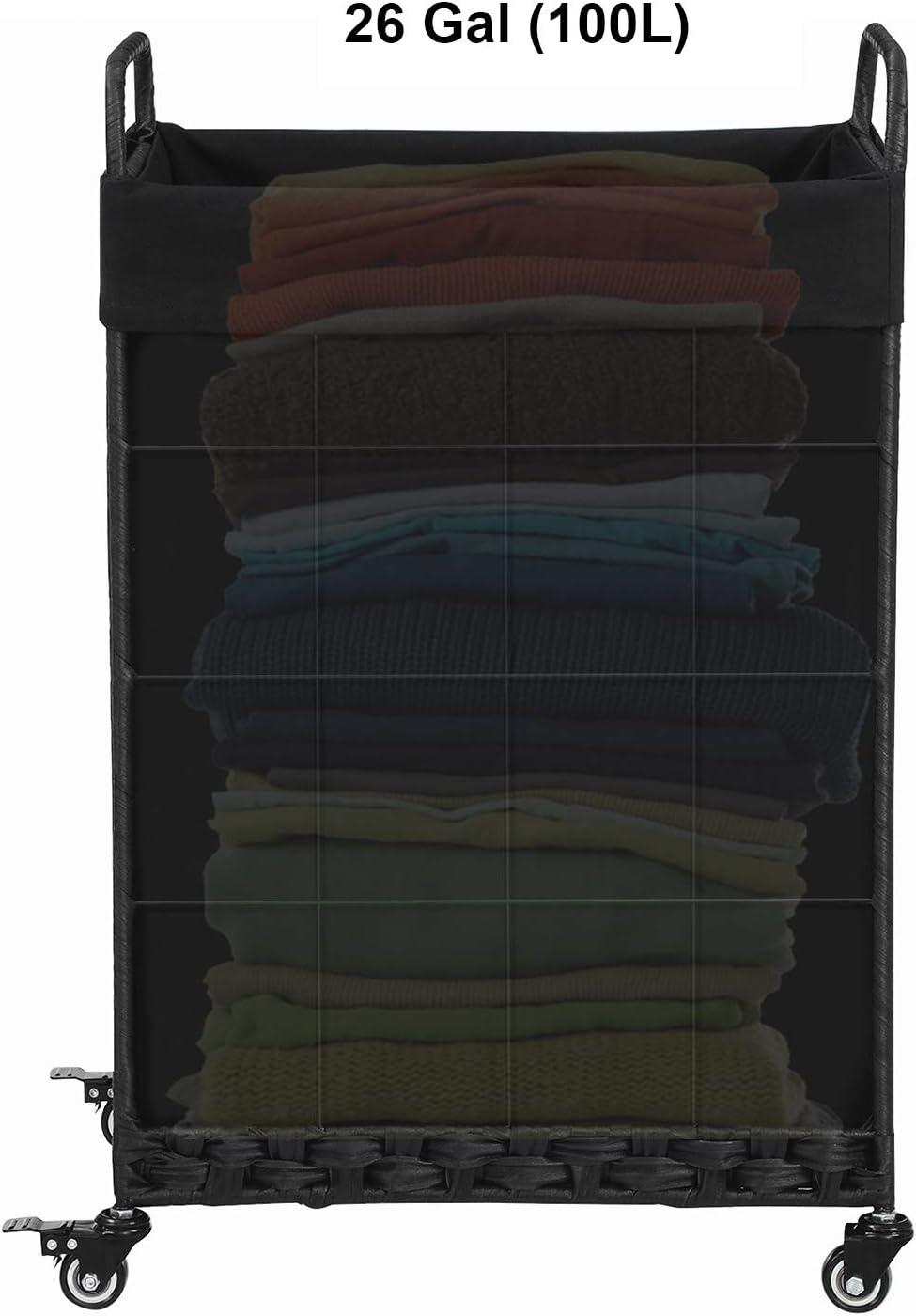 Black Rectangular Rolling Laundry Hamper with Metal Frame