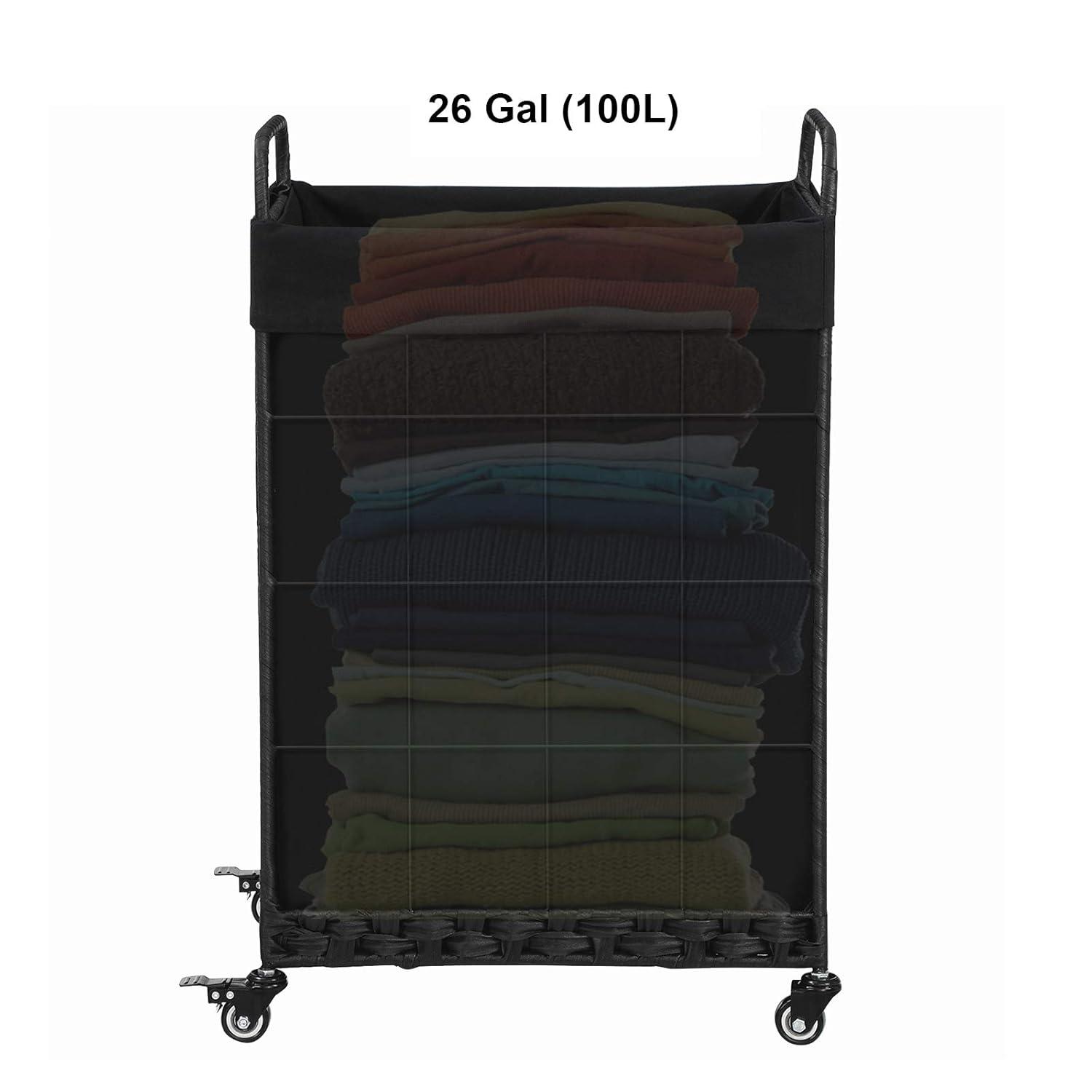 Laundry Hamper with Heavy Duty Rolling Lockable Wheels; Durable Laundry Basket with Detachable Liner Bag; Collapsible Clothes Hamper with Metal Handle (Black)