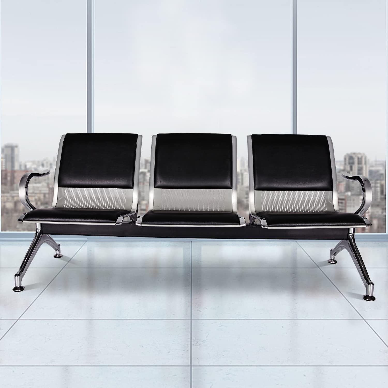 Kinbor Waiting Room Chairs, 3-Seat Reception Chairs Office Guest Waiting Furniture Bench Seating for Airport Bank Hospital, Black