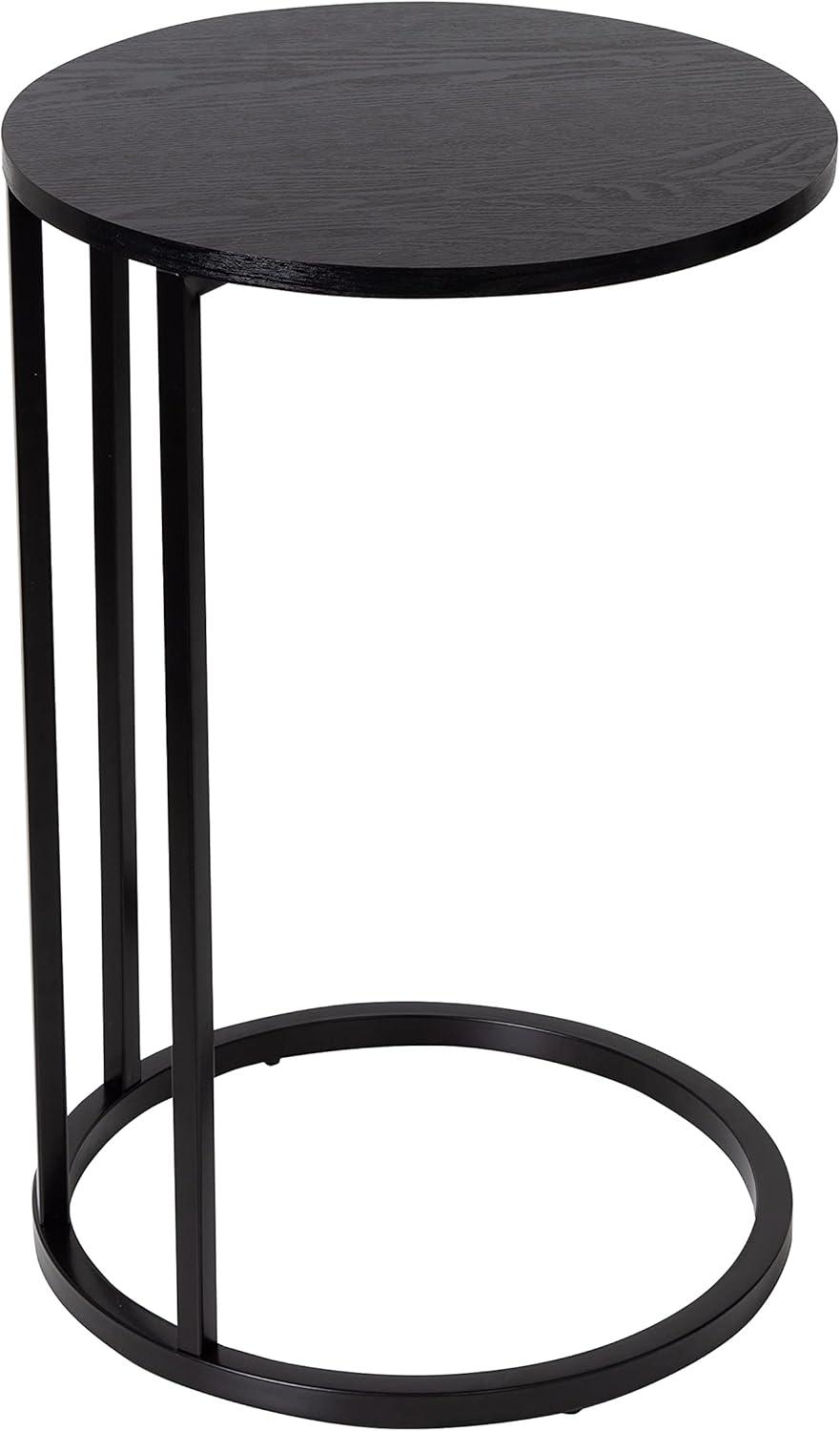 Black Round Wood and Metal C-Shaped End Table