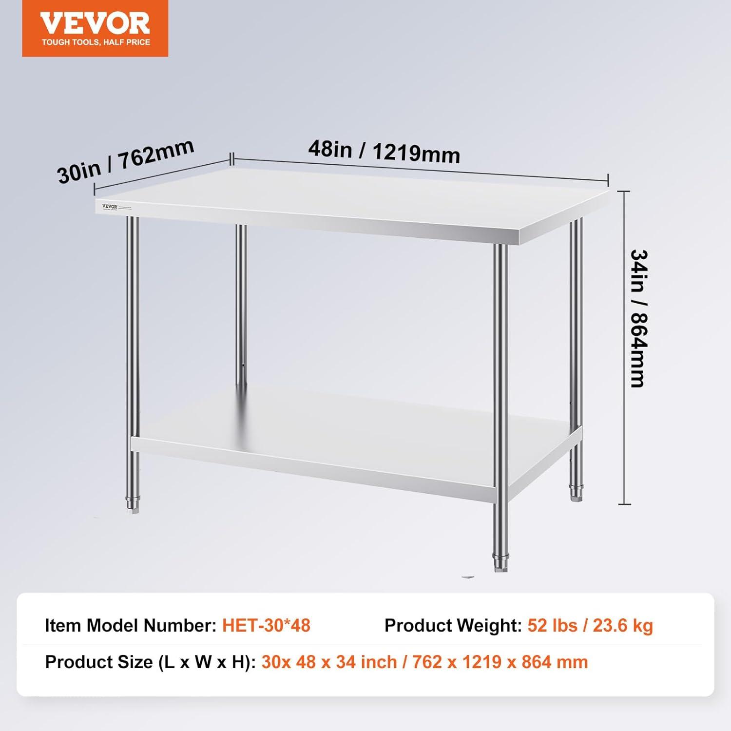 VEVOR Stainless Steel 34'' H Adjustable Portable Work Table