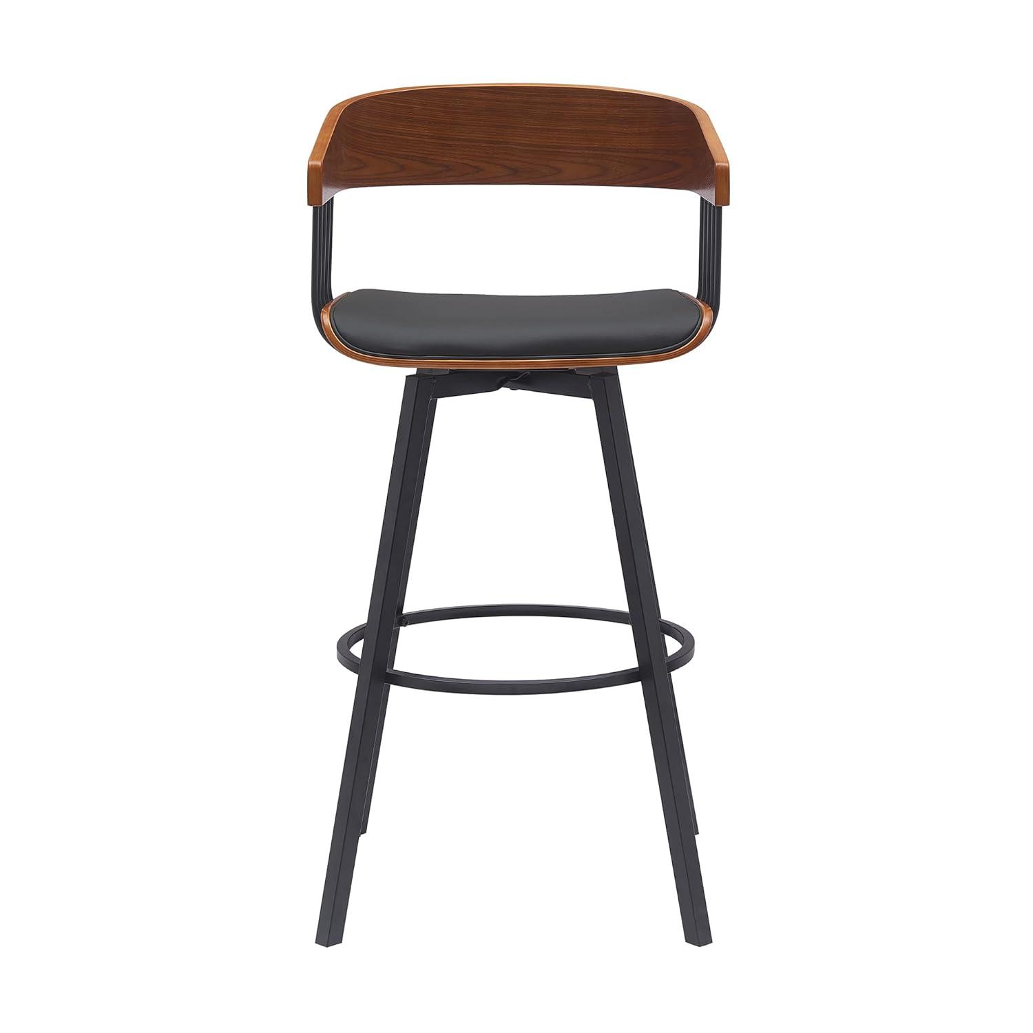 Armen Living Indoor Athena 31" Swivel Walnut Wood Bar Stool in Black Faux Leather with Black Metal