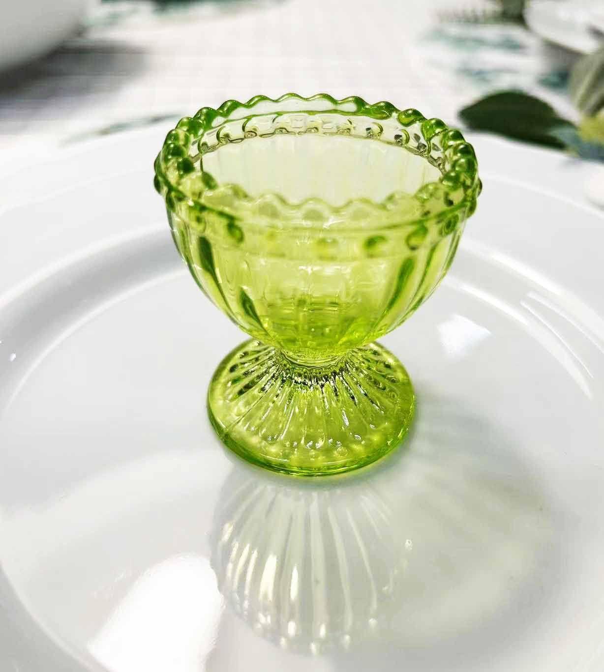Green Glass Easter Egg Cup for Soft or Hard Boiled Egg Holder - Set of 2 Egg Holders for Breakfast Brunch, Kitchenware, Easter Decoration