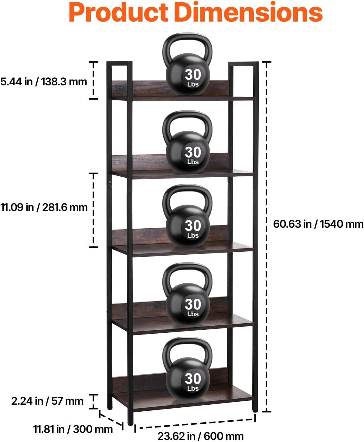 VEVOR Metal Bookshelf, 5-Tier Tall Industrial Bookshelf, Rustic Display Vintage Storage Bookcase with Open Shelves, Freestanding Display Shelving Unit Storage Rack, for Living Room, Bedroom & Office